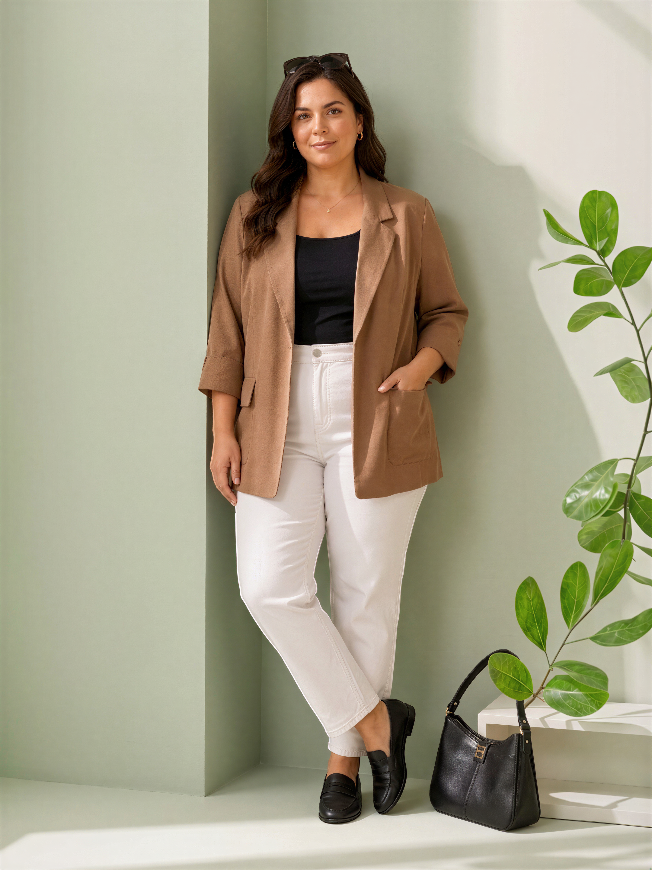 A woman in a brown blazer, black top, white pants, and black shoes stands against a green wall, leaning against it with her hands in her pockets. Next to her is a black purse.
