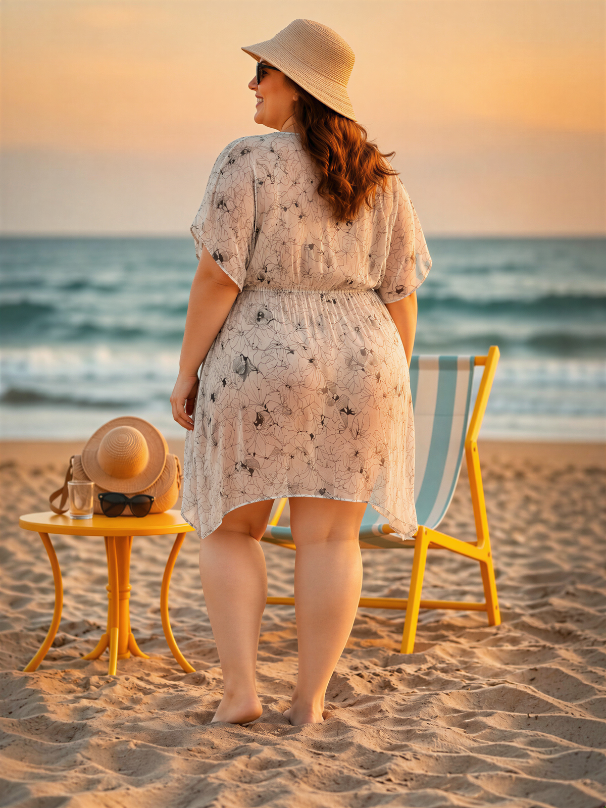 A woman in a floral dress stands on a sandy beach, facing the ocean, with a yellow chair and a hat nearby.