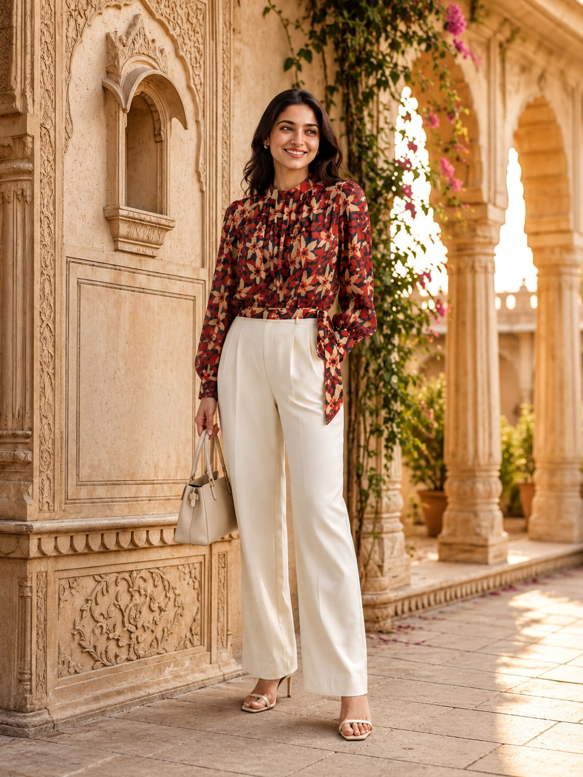 A woman in a red and black floral blouse and white pants stands in front of an ornate architectural structure, smiling and holding a small purse.