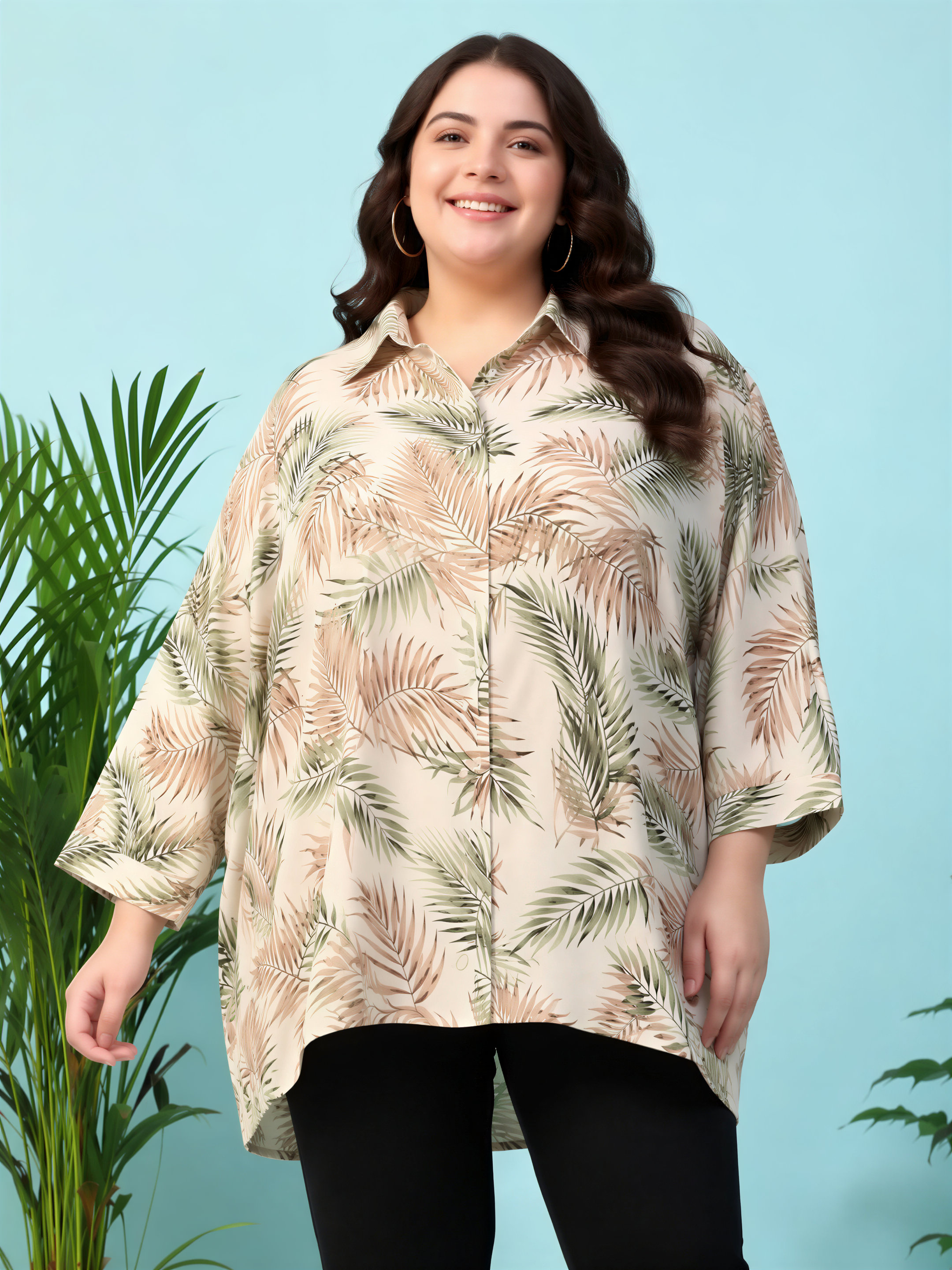 A woman with long brown hair is smiling and posing in front of a blue background, wearing a white blouse with a leaf pattern.