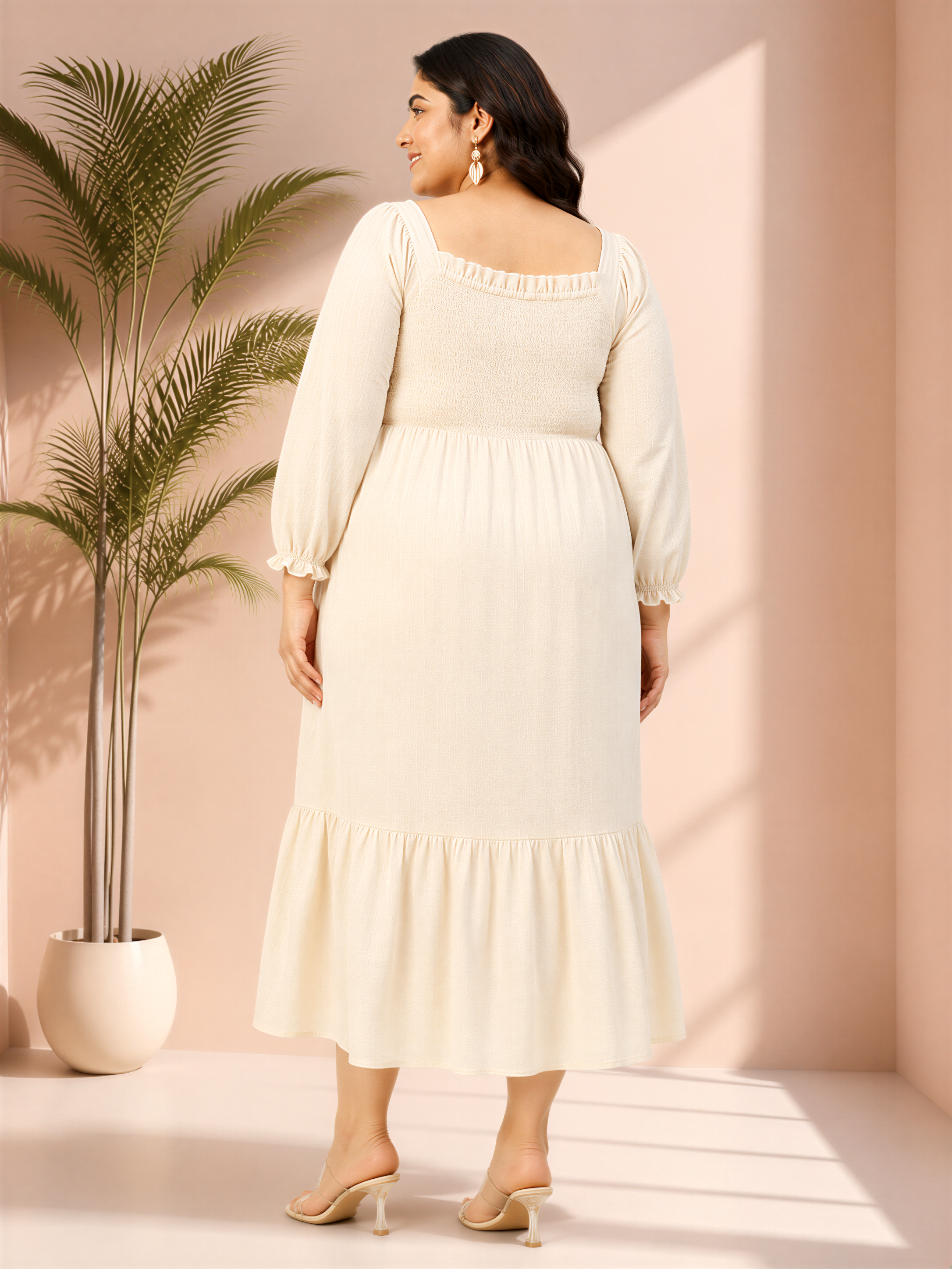 solid beige long sleeve plus size dress