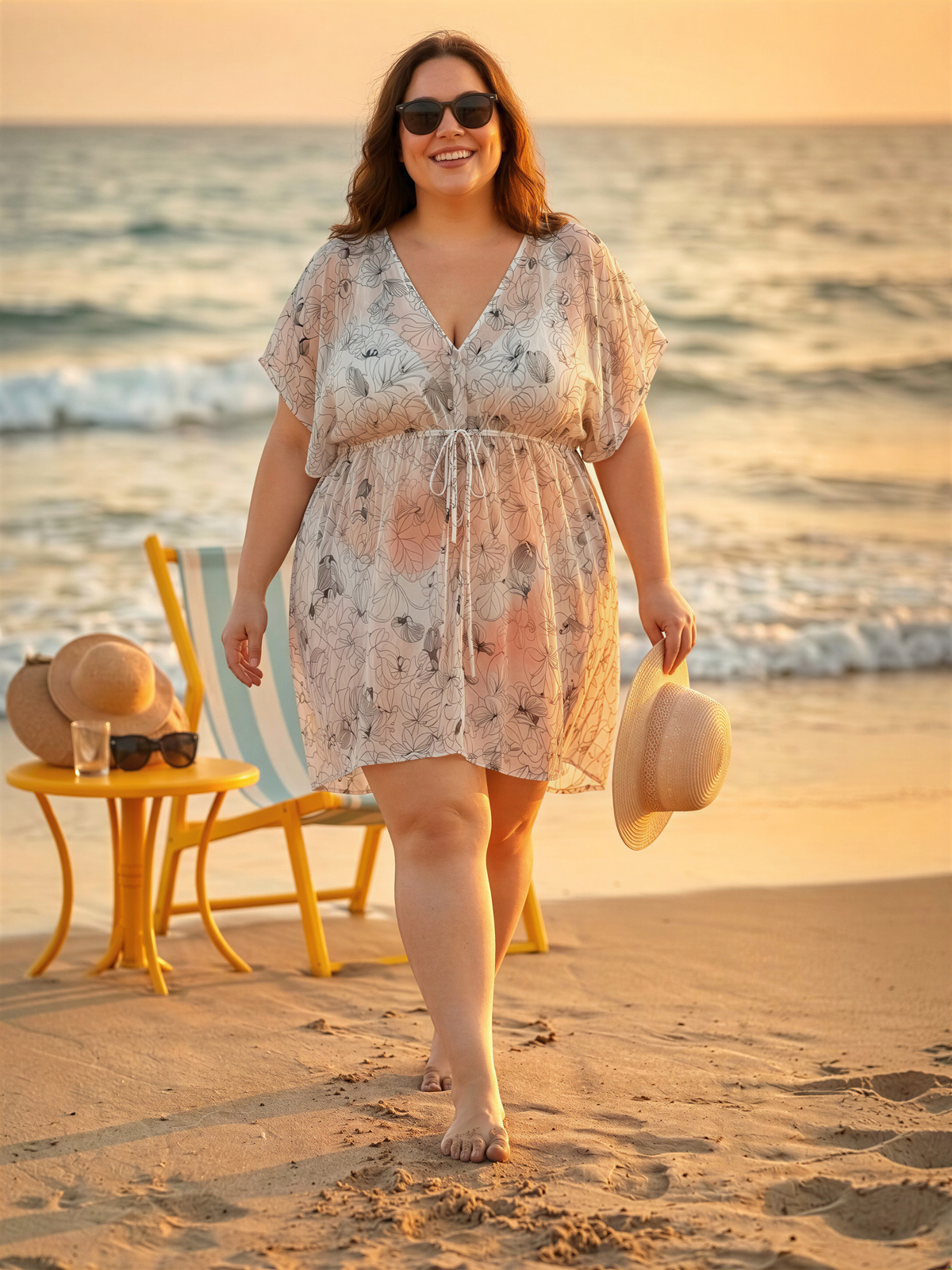 A woman in a floral print dress walks along the beach, carrying a hat and sunglasses, with a yellow chair and a glass of water nearby.