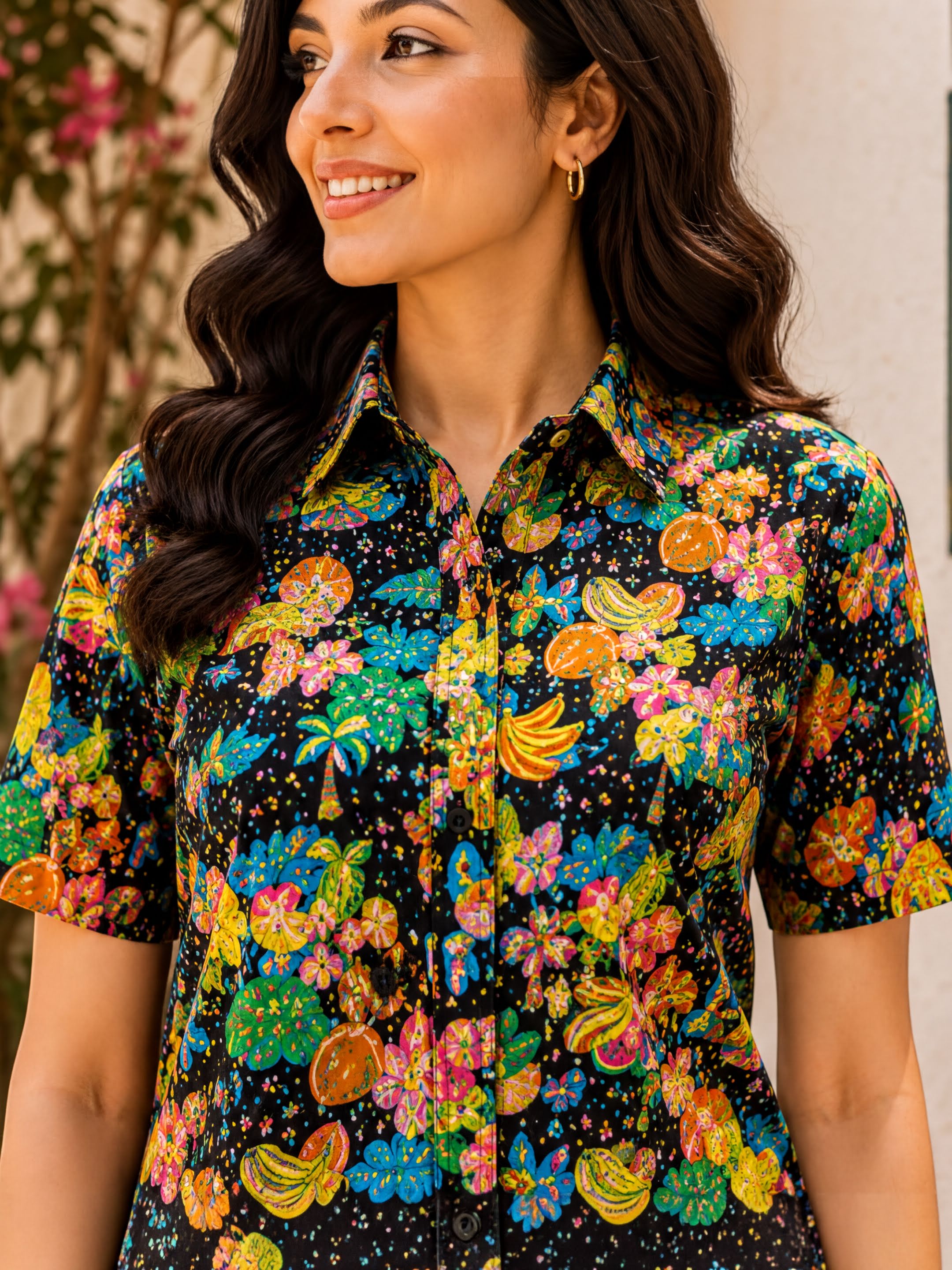 A woman with long dark hair is smiling and wearing a colorful, patterned shirt with a tropical design.