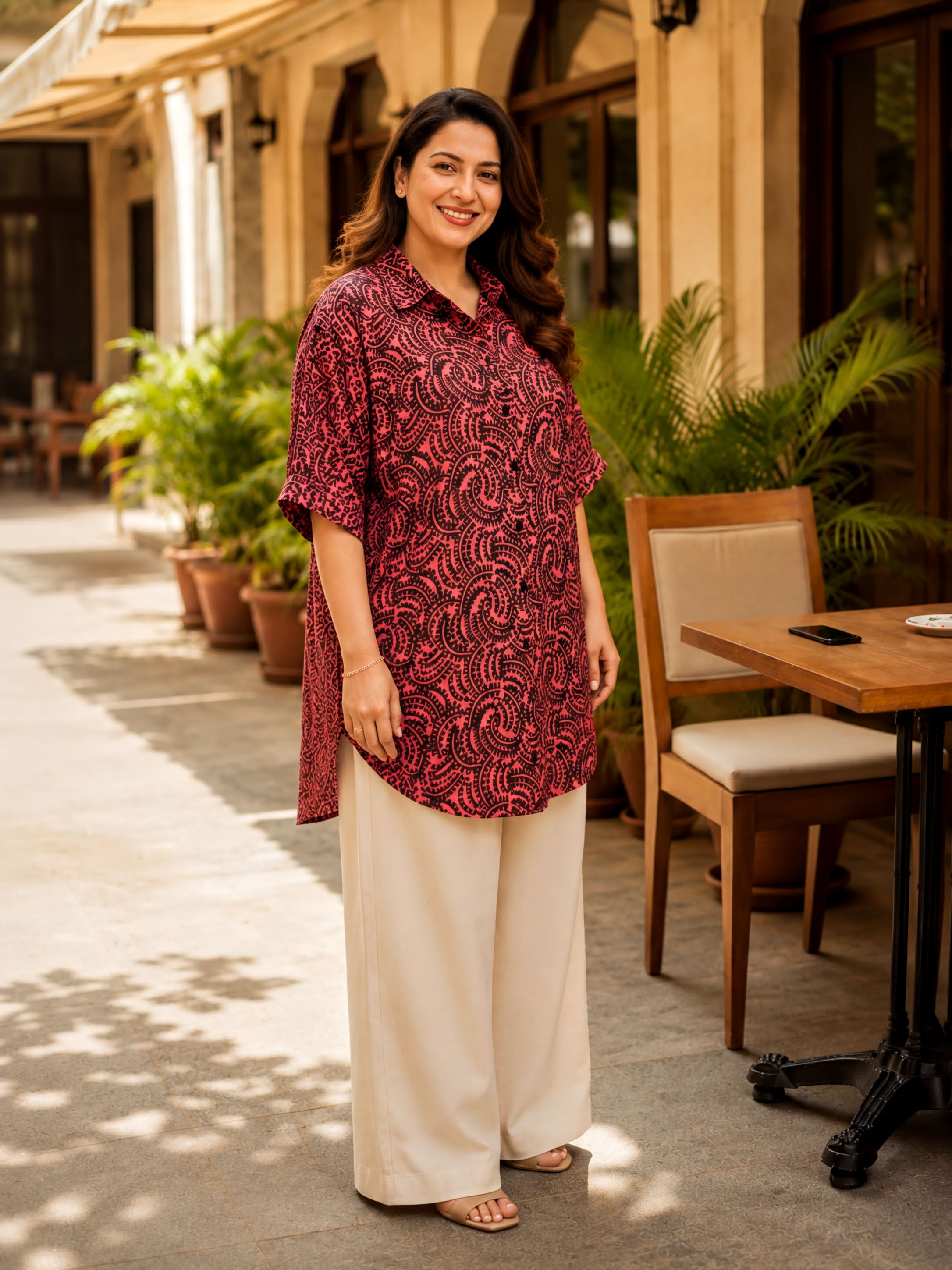 A woman wearing a red and black patterned shirt and beige pants stands in front of a building with potted plants and a wooden table.