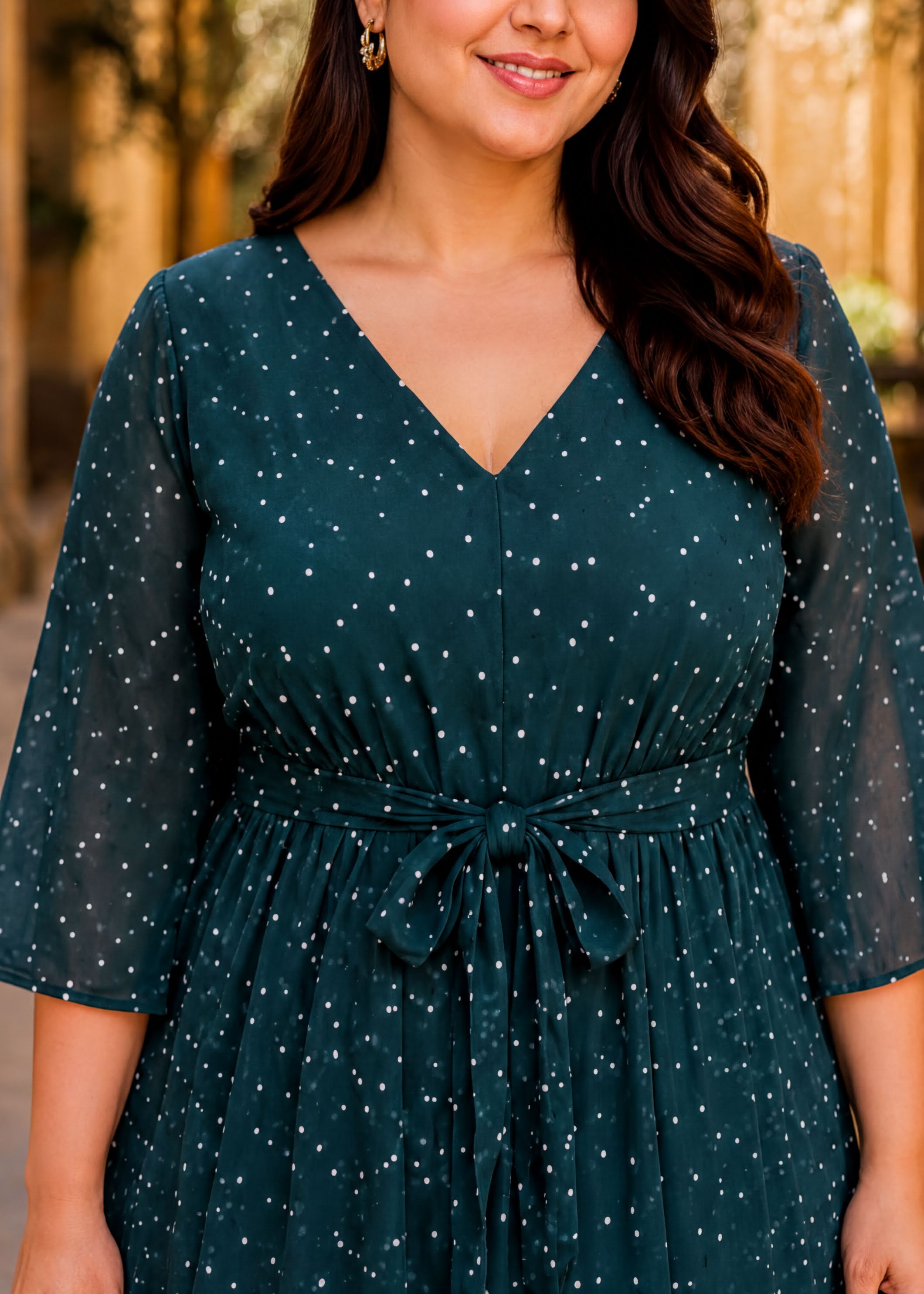 A woman wearing a green dress with white polka dots, smiling at the camera.