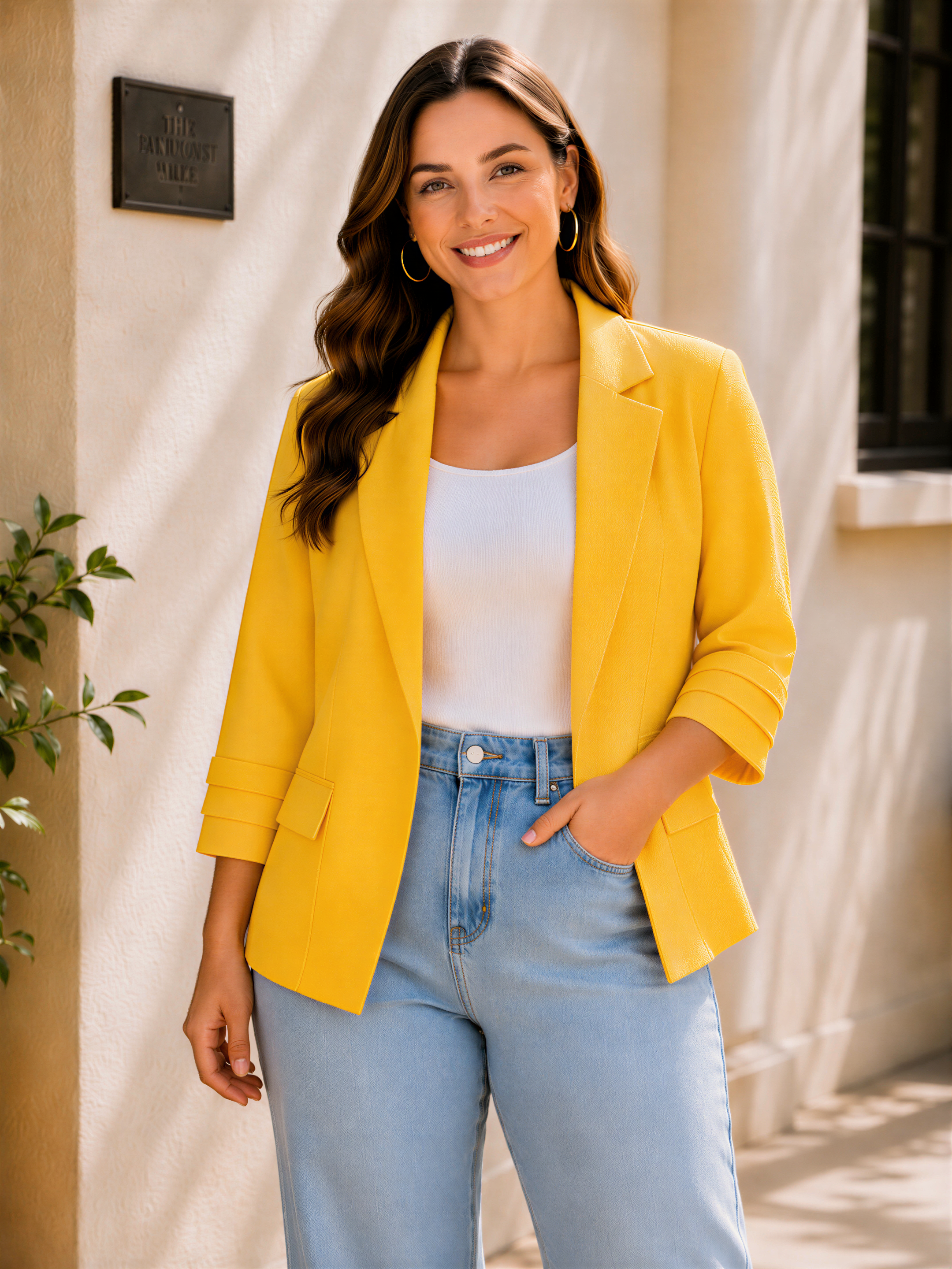 A woman wearing a bright yellow blazer and blue jeans is smiling and posing for the camera.