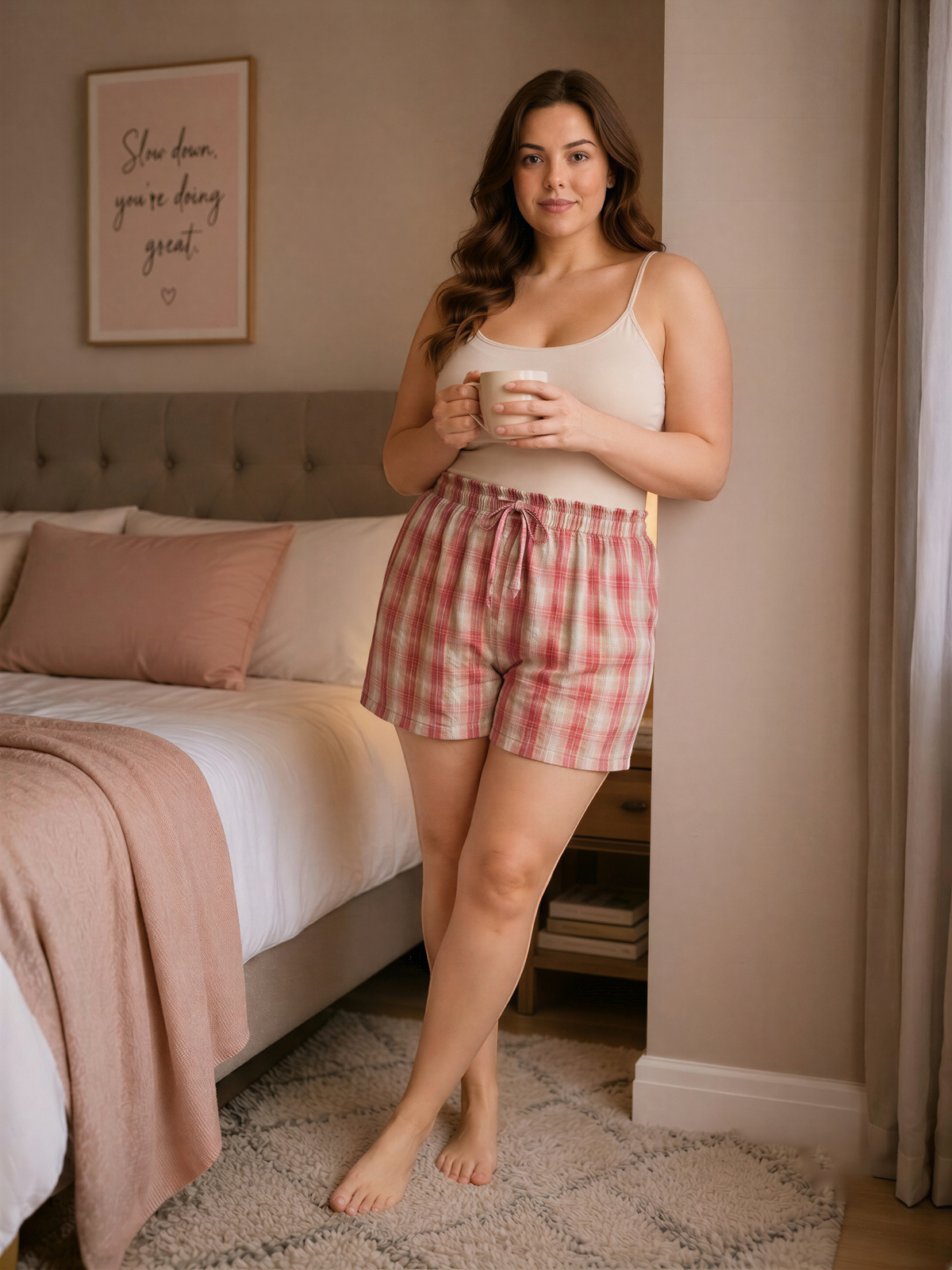 A woman in a white tank top and red and white plaid shorts stands in a bedroom, holding a coffee mug and smiling.