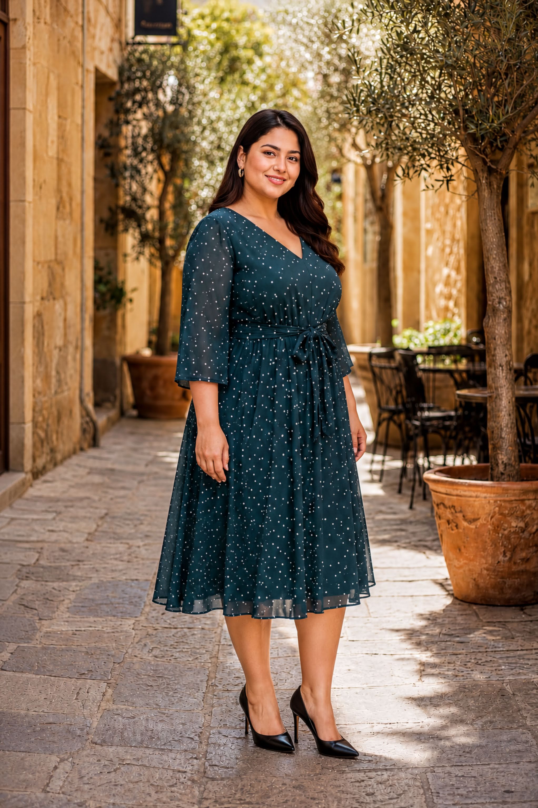 A woman wearing a green dress with white polka dots stands on a stone path in an outdoor setting.