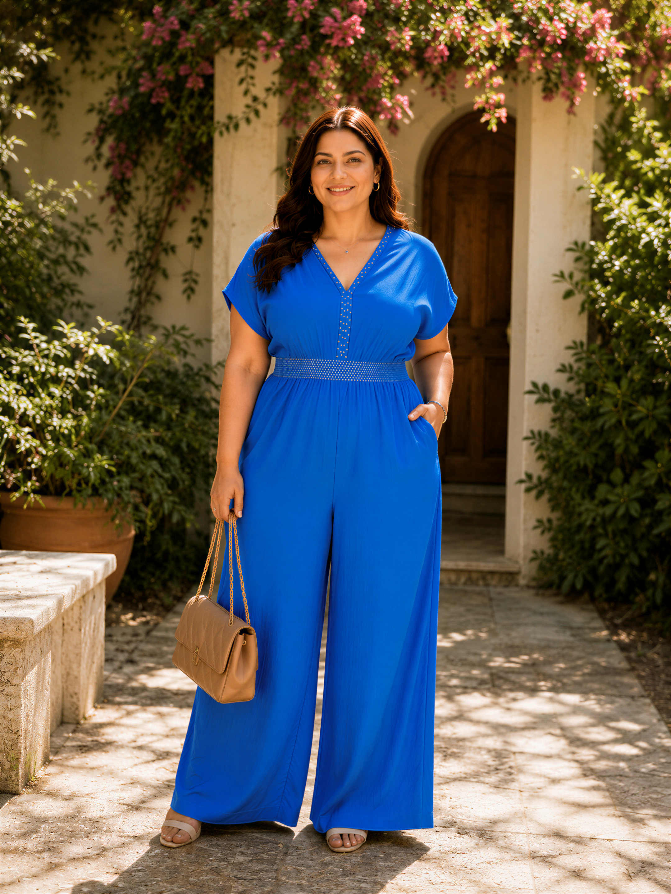 A woman wearing a blue jumpsuit stands in front of a building with pink flowers, holding a tan purse.