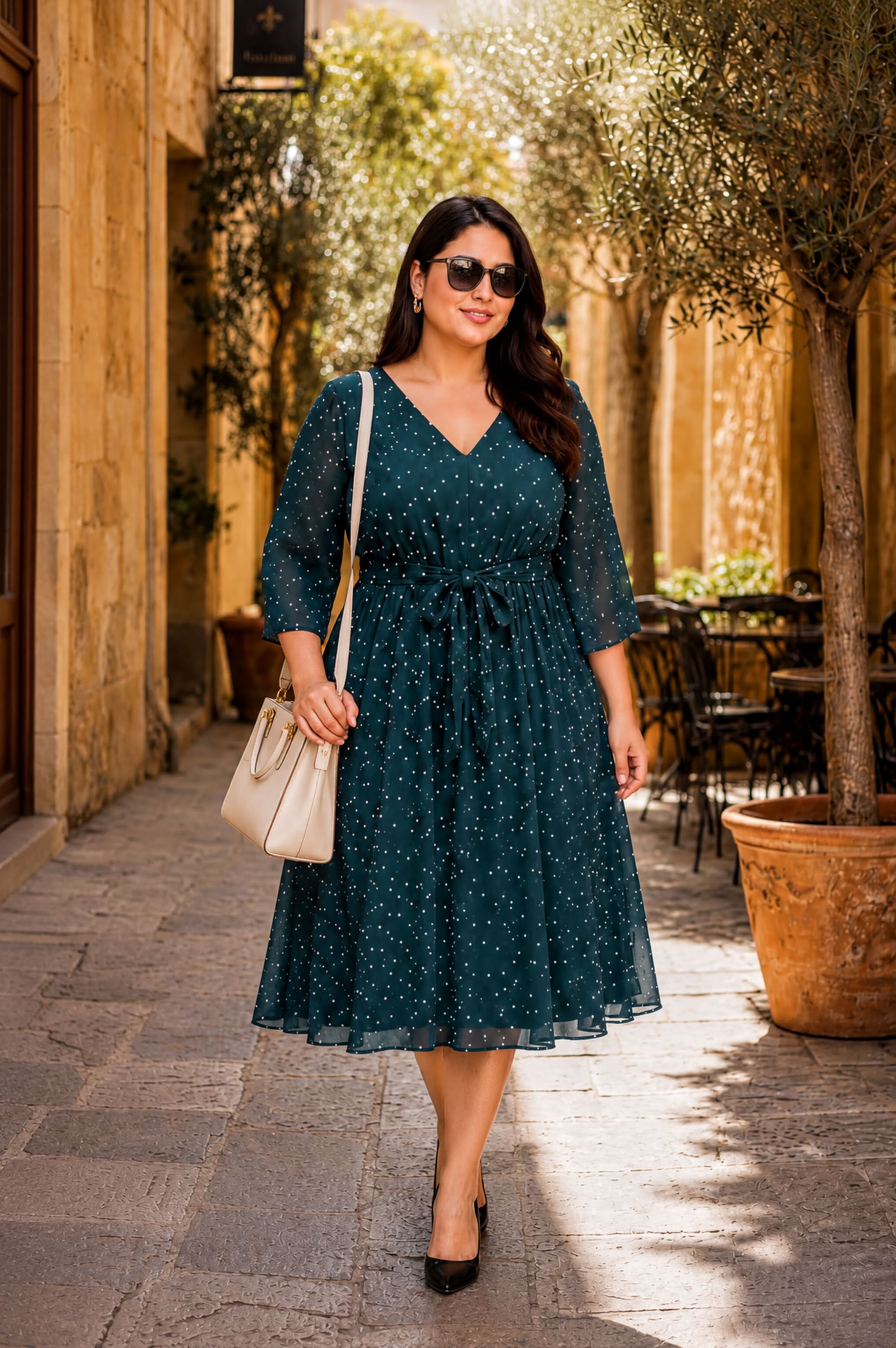 A woman wearing a green dress with white polka dots is walking down a stone-paved street, carrying a white purse.