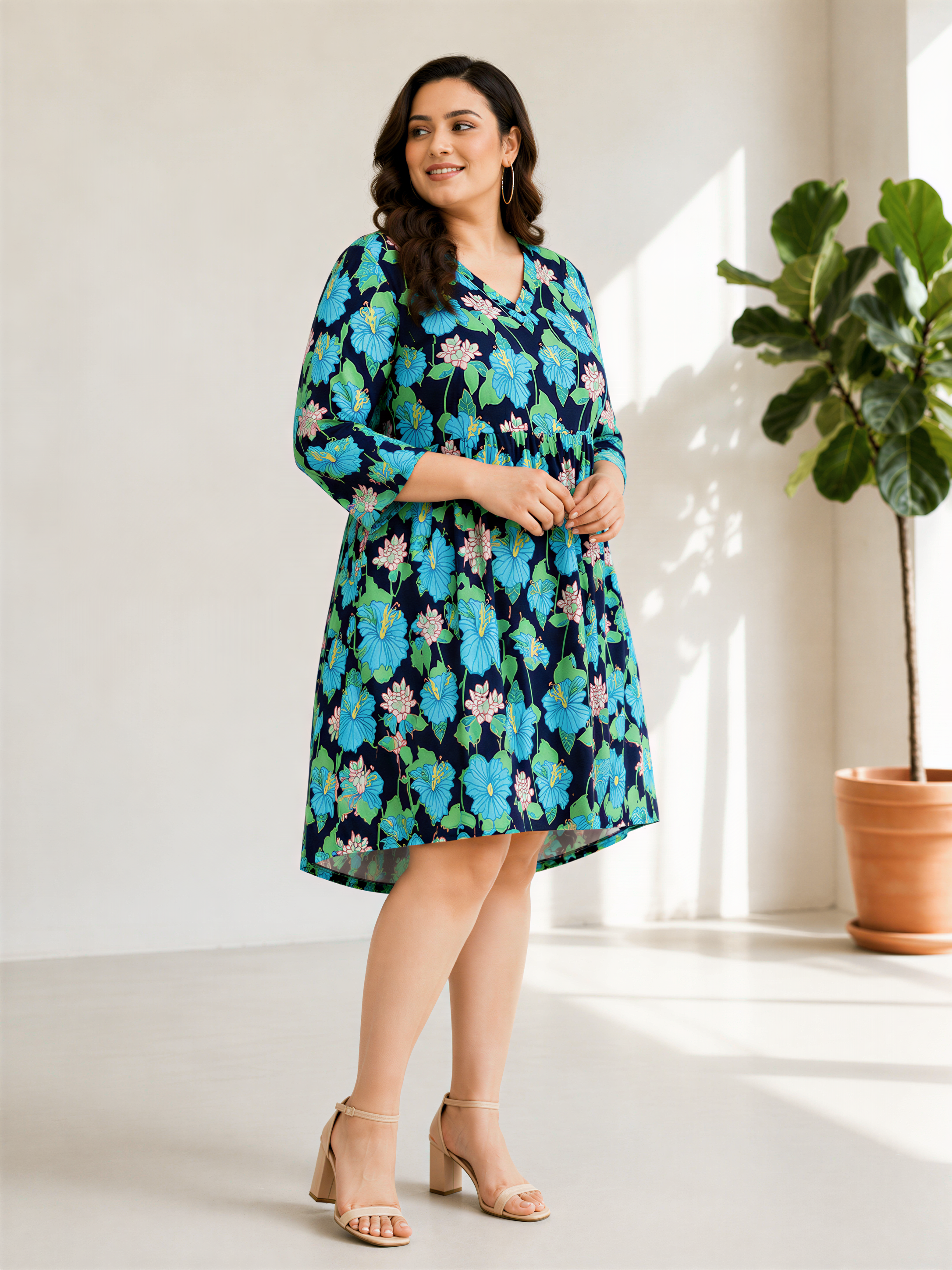plus size multicolor floral print v neck long sleeve knee length dress