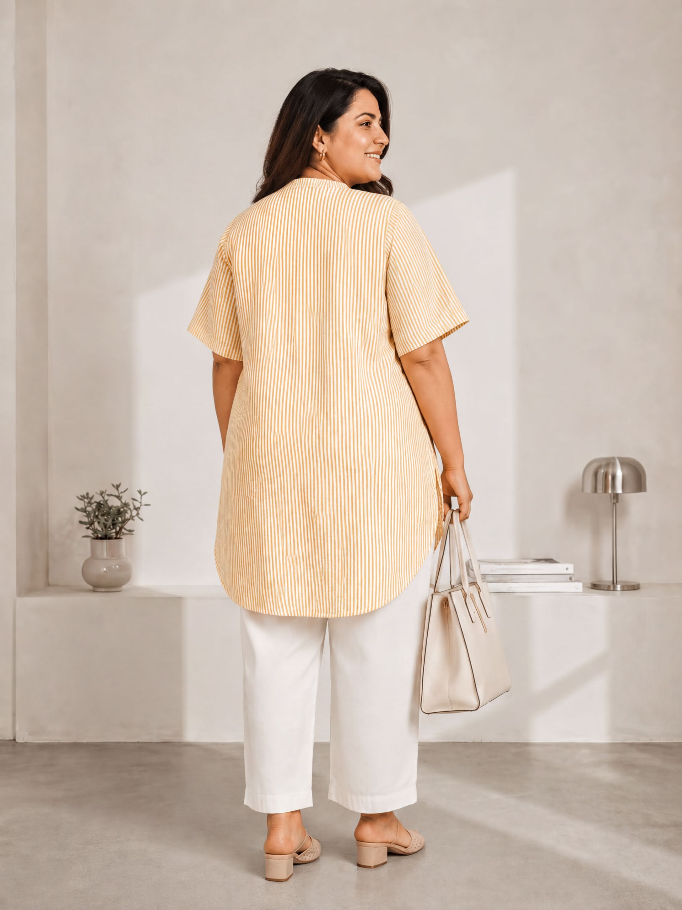 A woman wearing a yellow and white striped shirt and white pants stands in a minimalist room, holding a beige handbag and smiling.