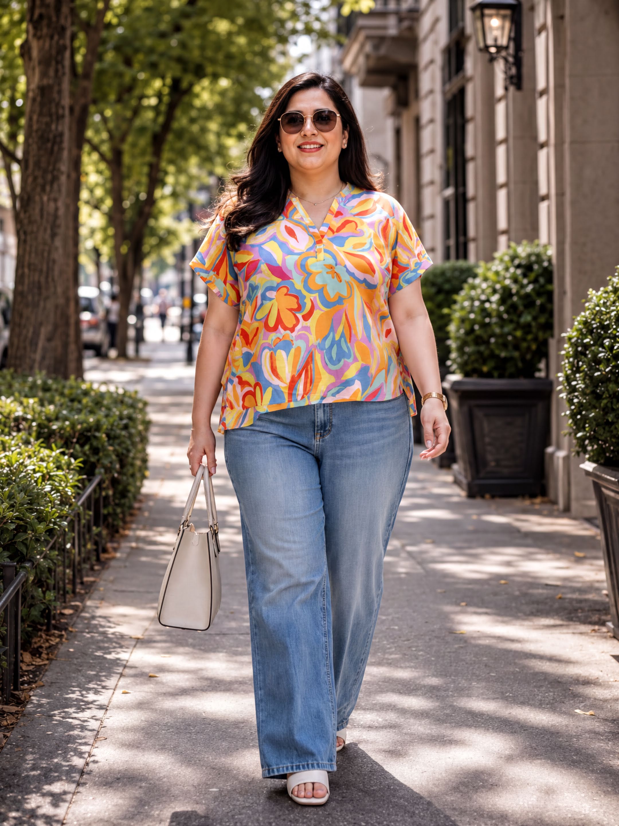 A woman wearing a colorful floral top and blue jeans is walking down a tree lined sidewalk, carrying a white purse.