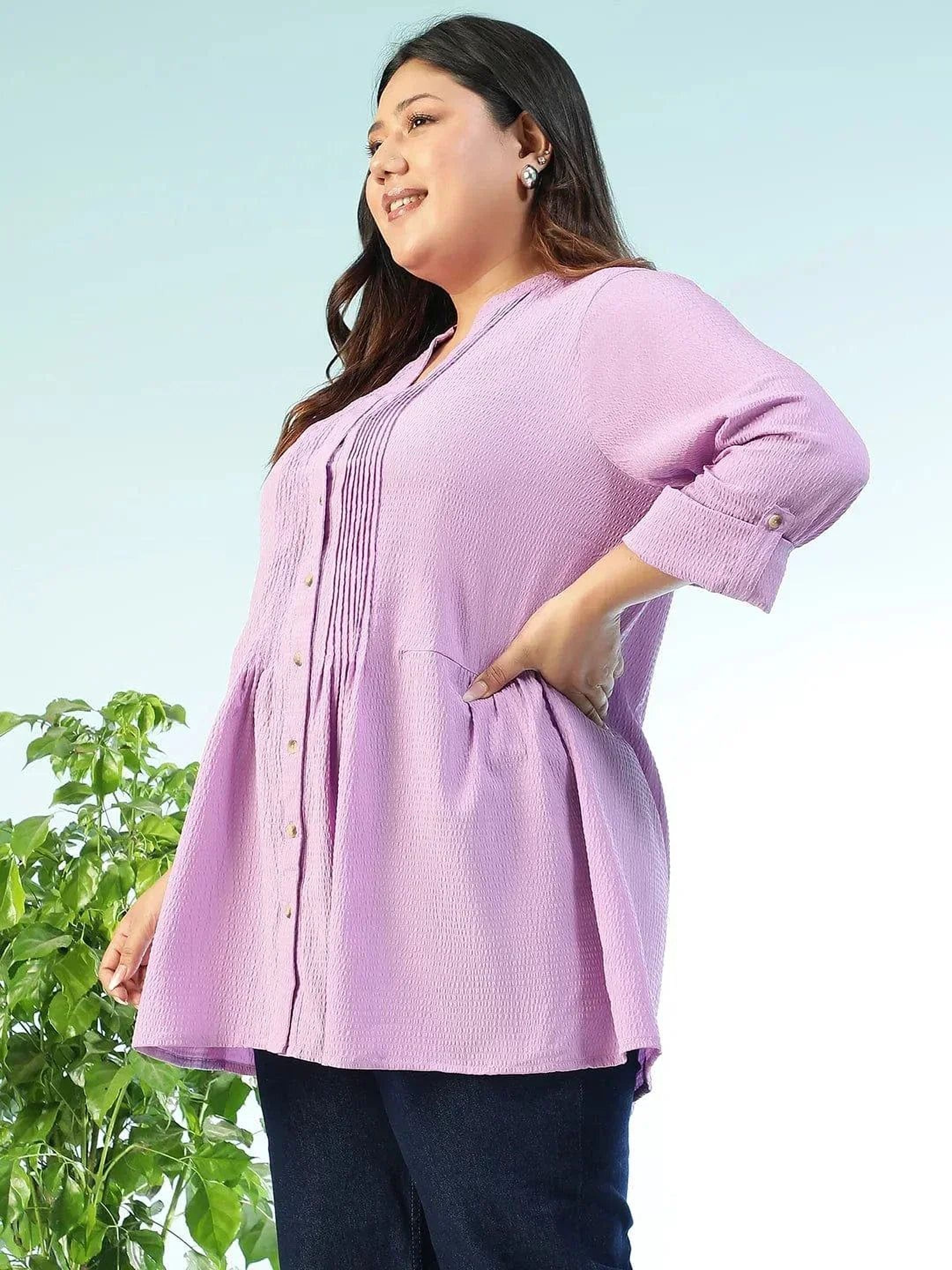 subtle-solid-purple-long-sleeve-pleates-detail-button-down-plus-size-women-dobby-tunic
