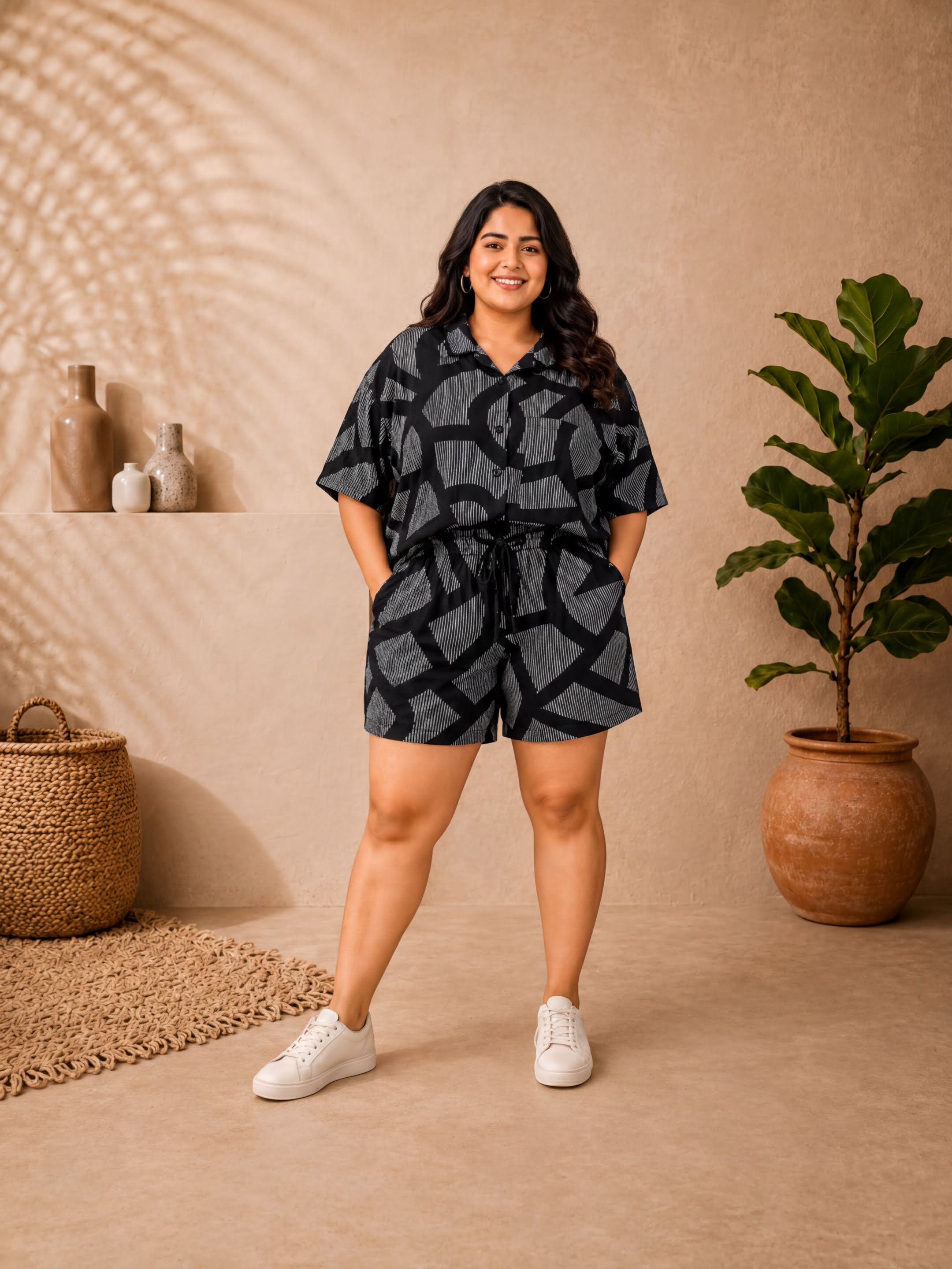 A woman wearing a black and gray patterned outfit stands in a room with a woven basket, a potted plant, and a rug.