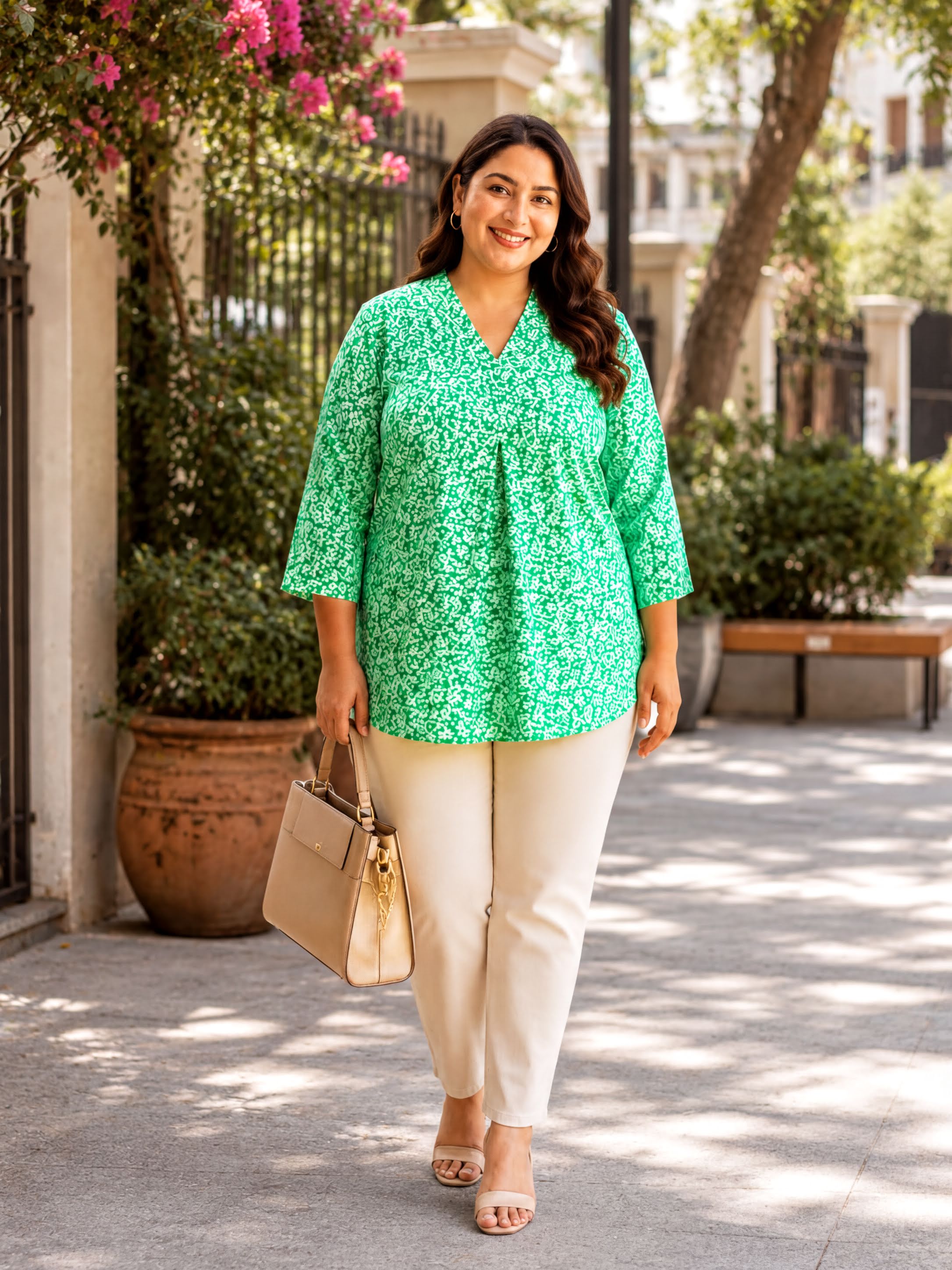A woman wearing a green floral top and beige pants is walking on a sidewalk, carrying a beige handbag.