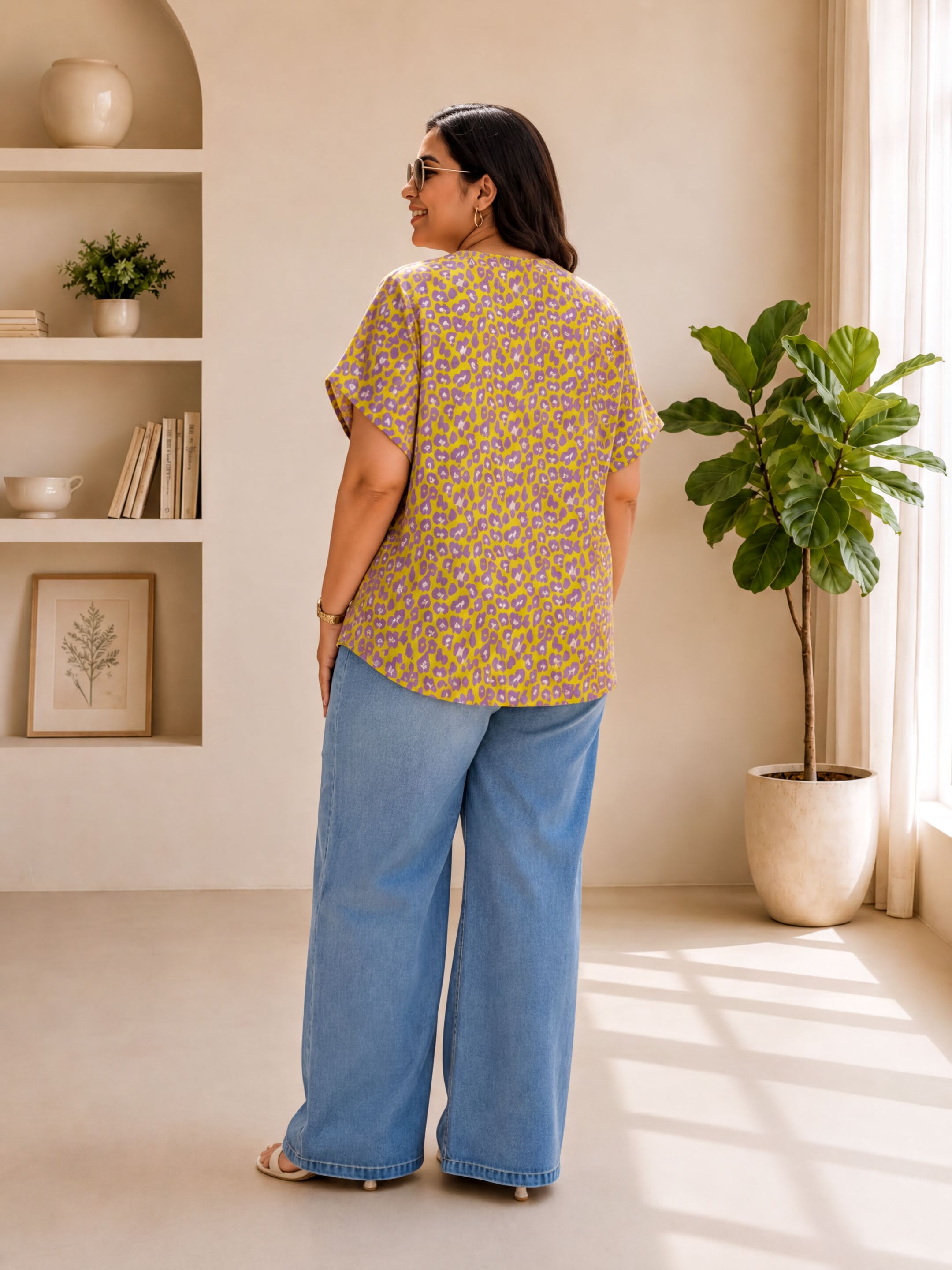 A woman wearing a yellow and orange patterned blouse and blue jeans stands in a room with a window, plants, and shelves.