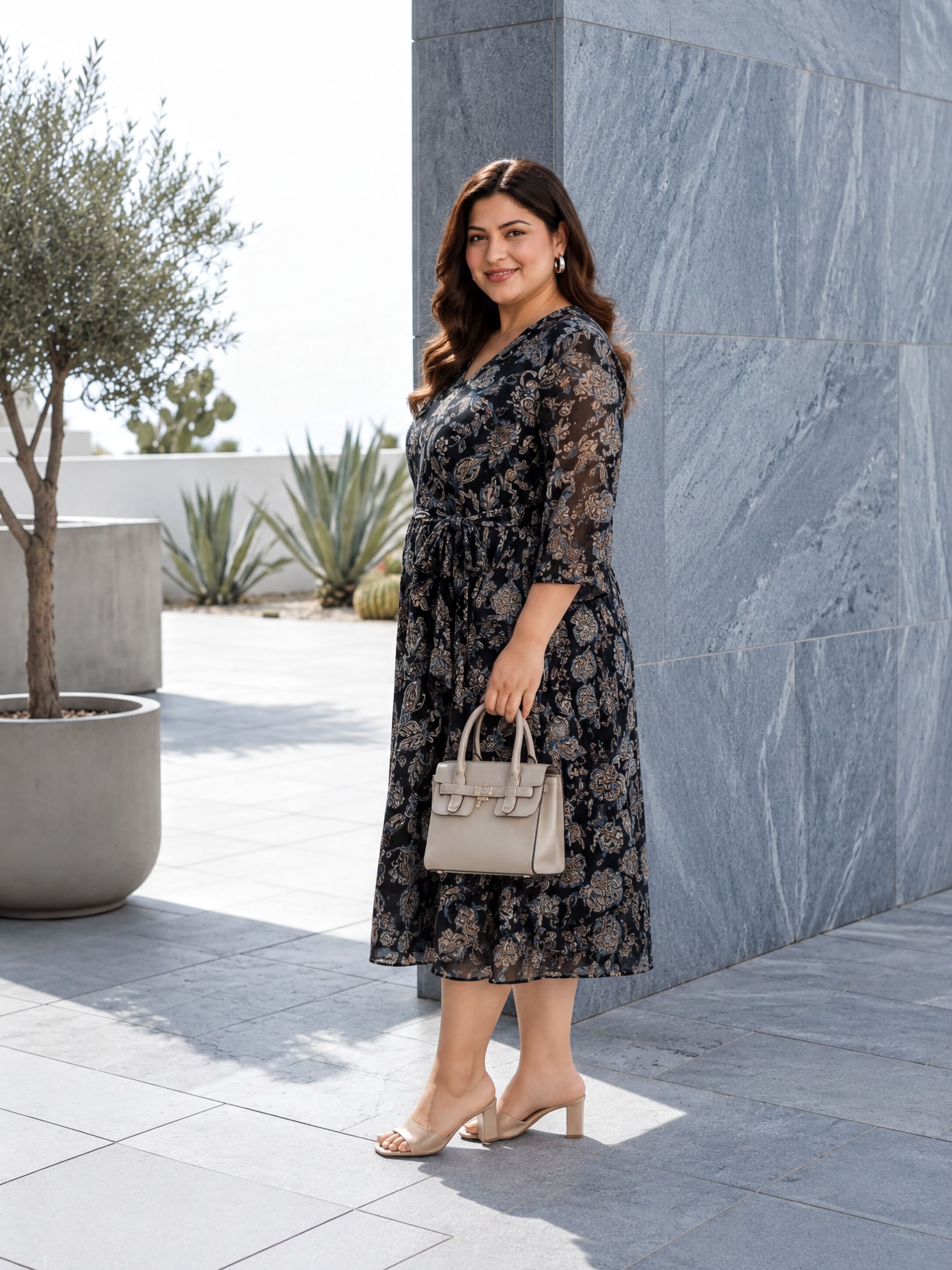 A woman in a black and white floral dress stands in front of a gray wall, holding a beige handbag.