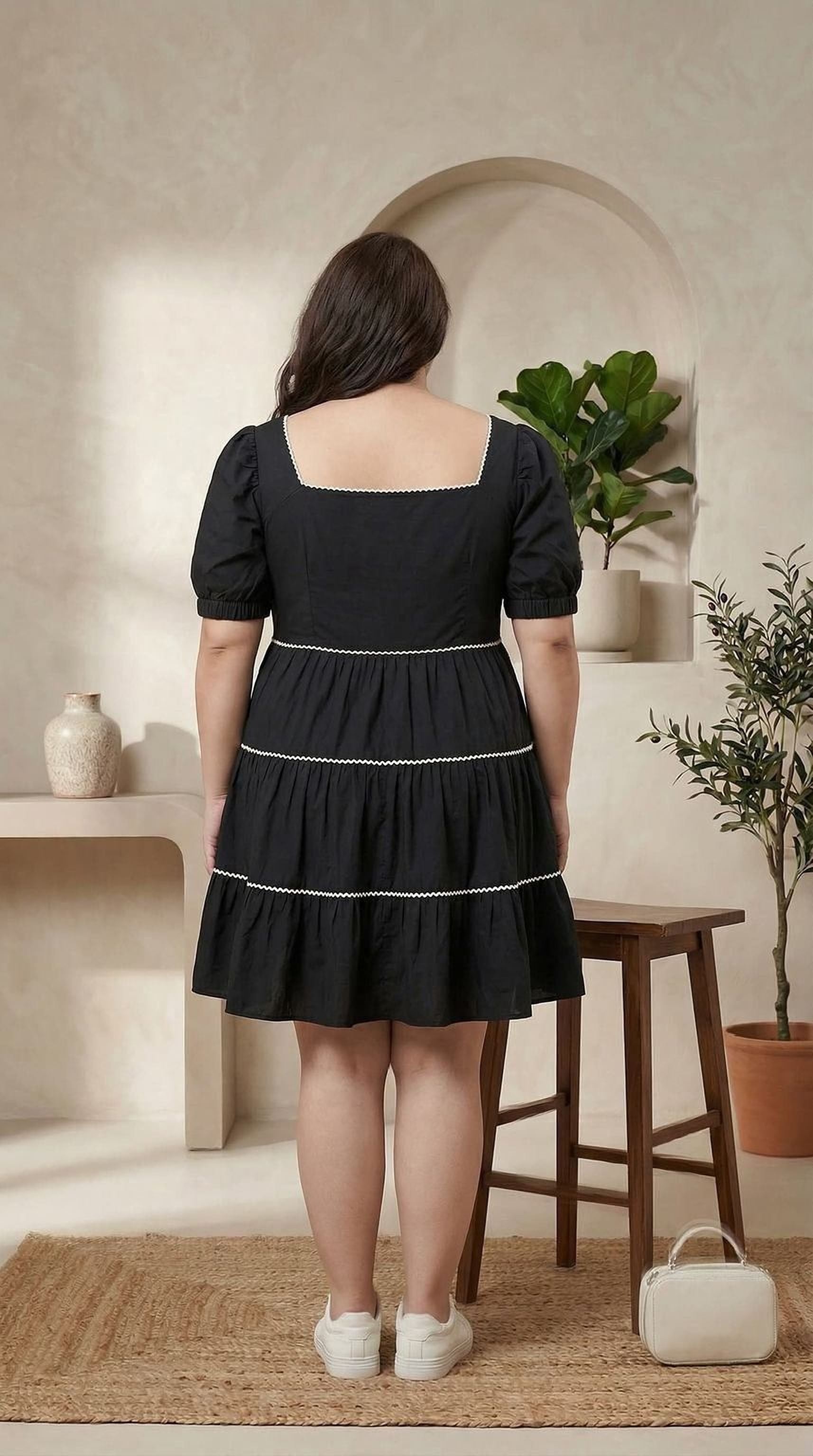 oxolloxo women's plus size black cotton tiered dress with square neckline and puffed sleeves
