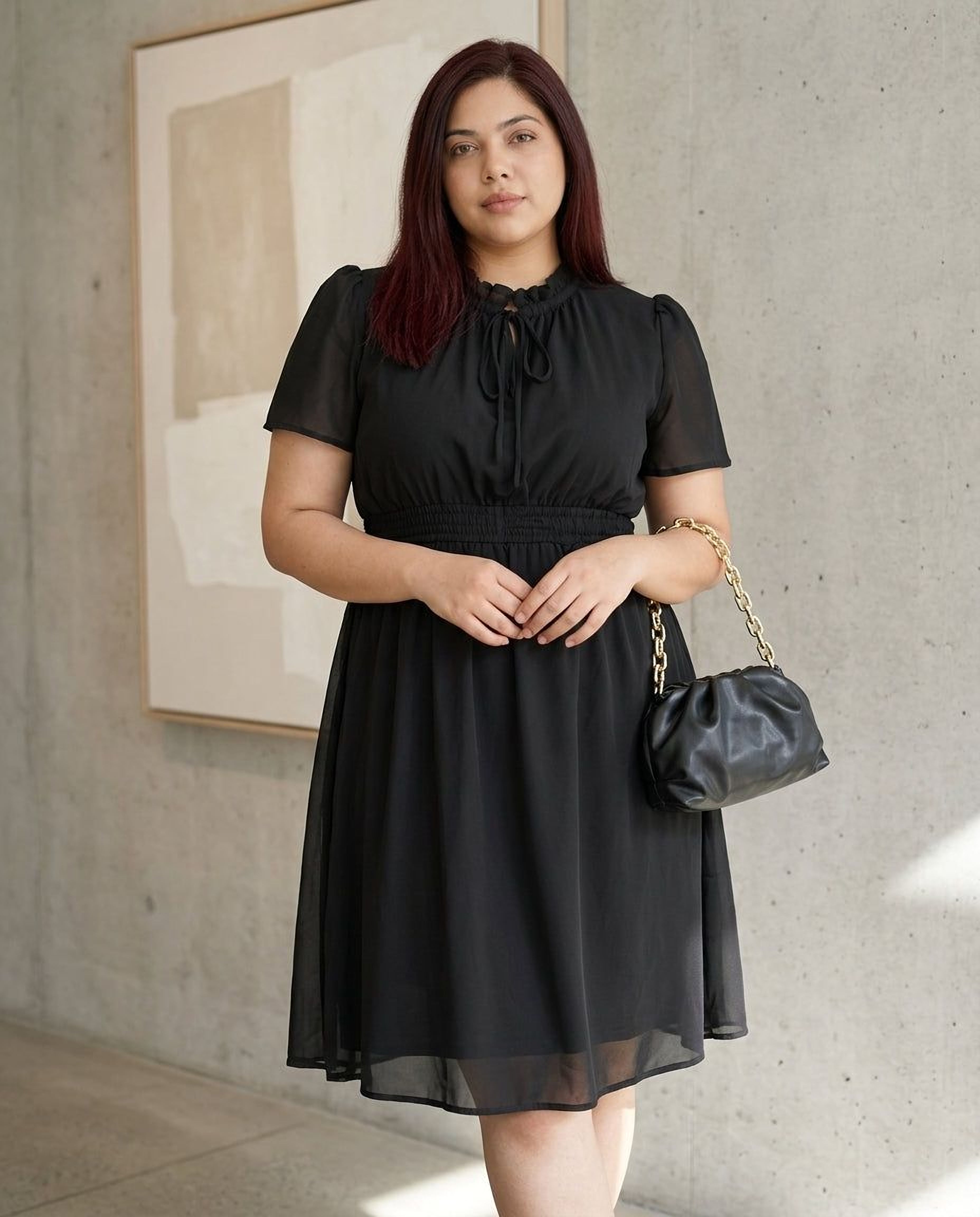 A woman wearing a black dress and high heels is smiling and looking down at her hand.