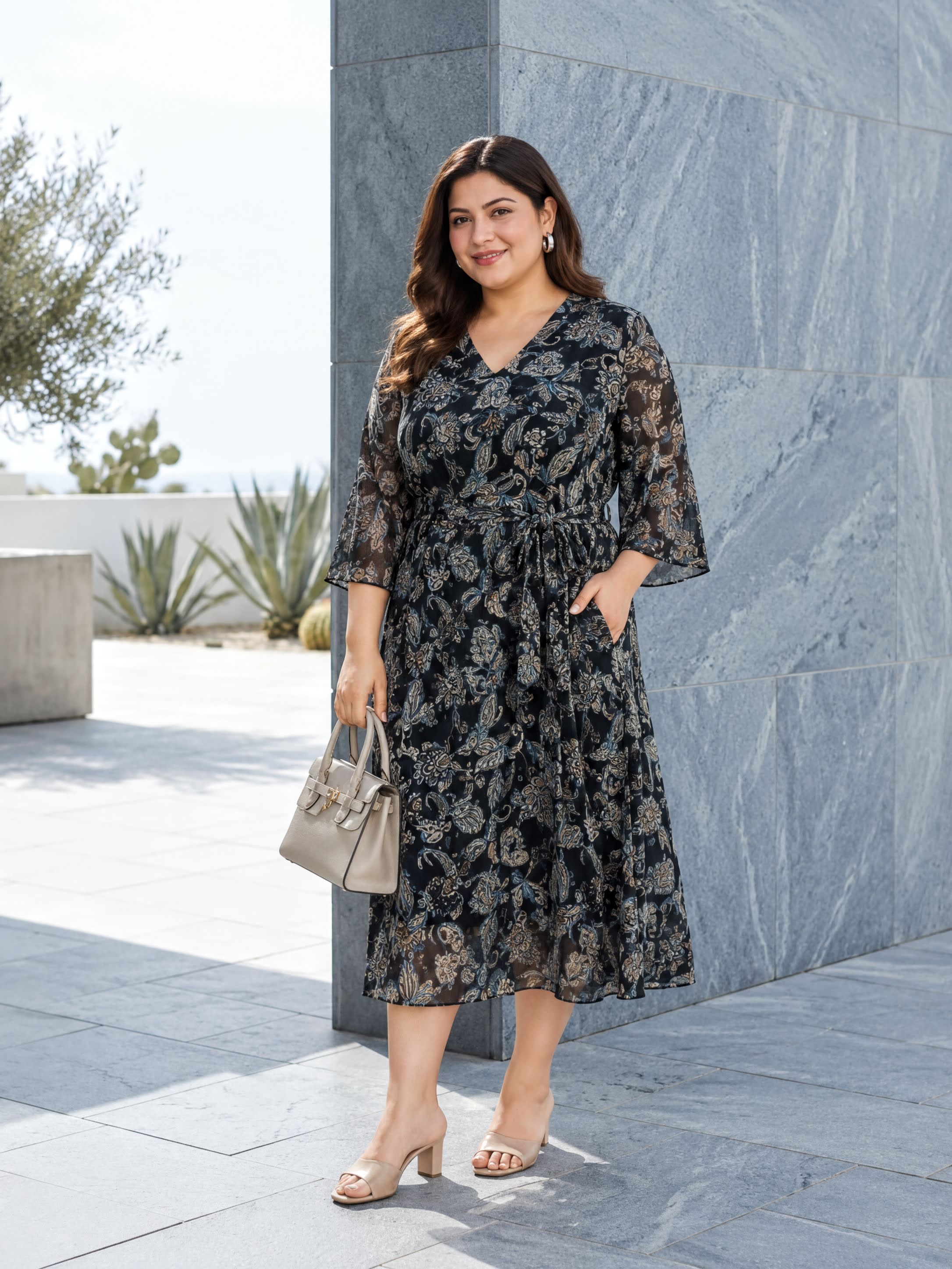 A woman wearing a black and gold floral print dress, standing in front of a gray wall and holding a small beige handbag.