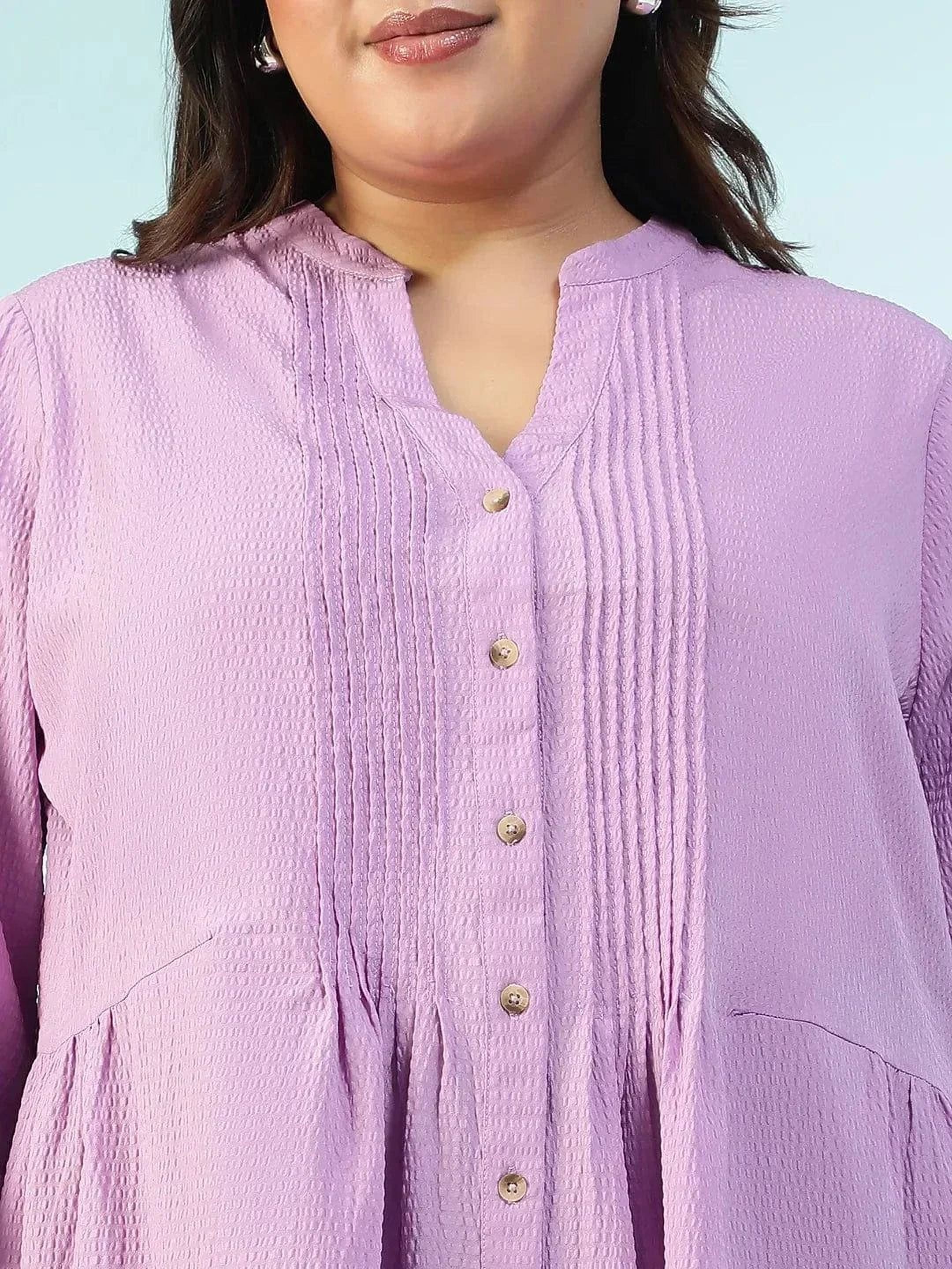 subtle-solid-purple-long-sleeve-pleates-detail-button-down-plus-size-women-dobby-tunic