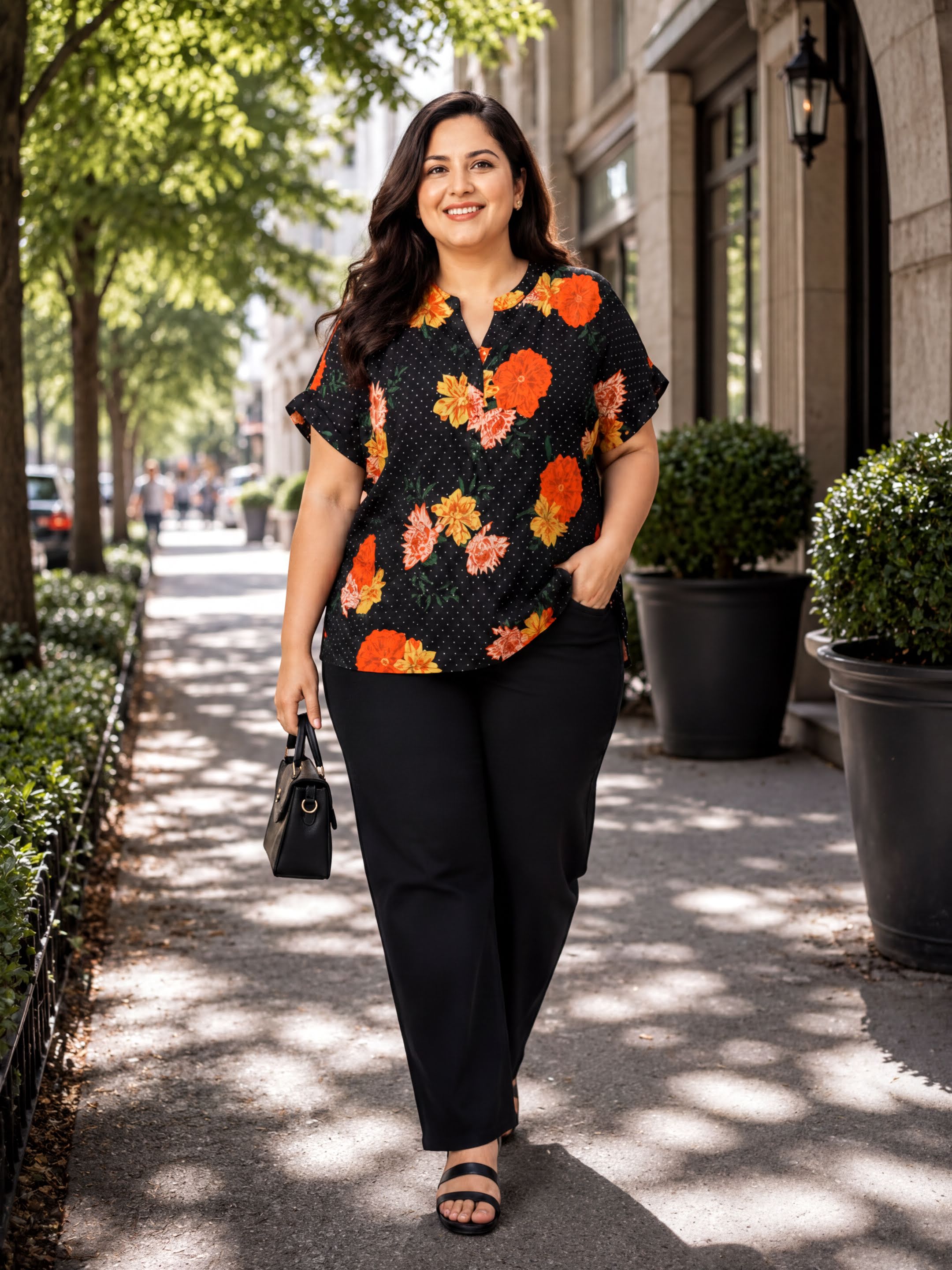 A woman wearing a black and orange floral blouse and black pants is walking down a sidewalk, carrying a black handbag.