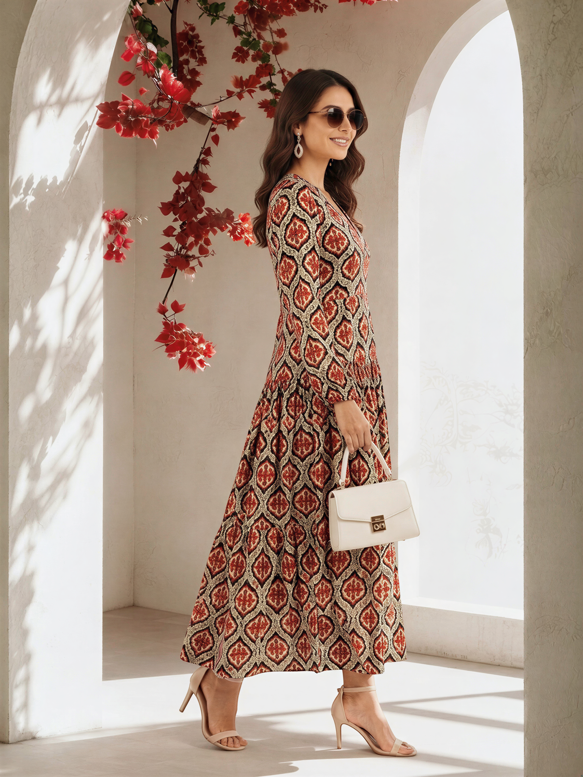 A woman wearing a long, patterned dress and sunglasses stands in front of a white archway with red flowers, holding a white handbag.