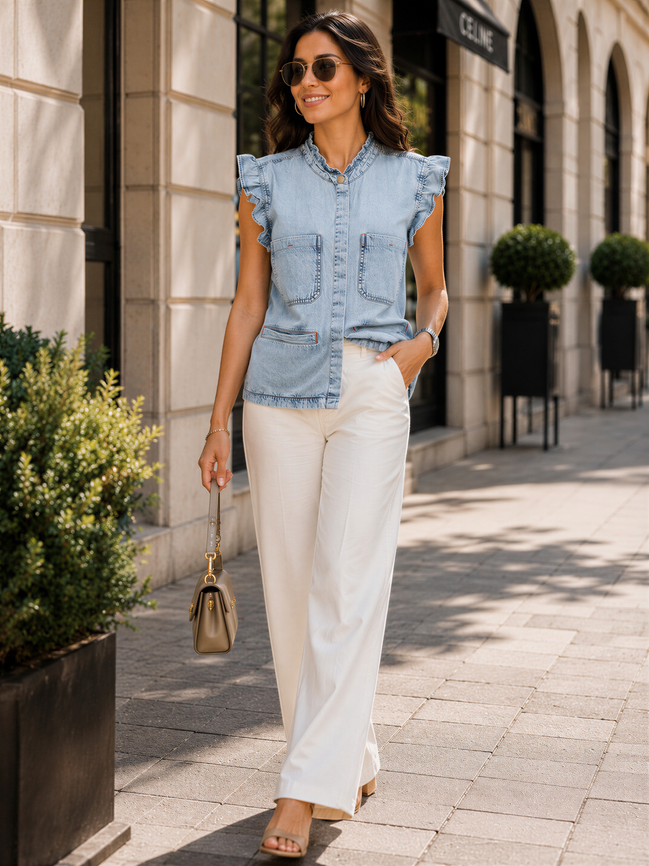 A woman wearing a denim shirt, white pants, and sunglasses is walking down a sidewalk, carrying a small purse.