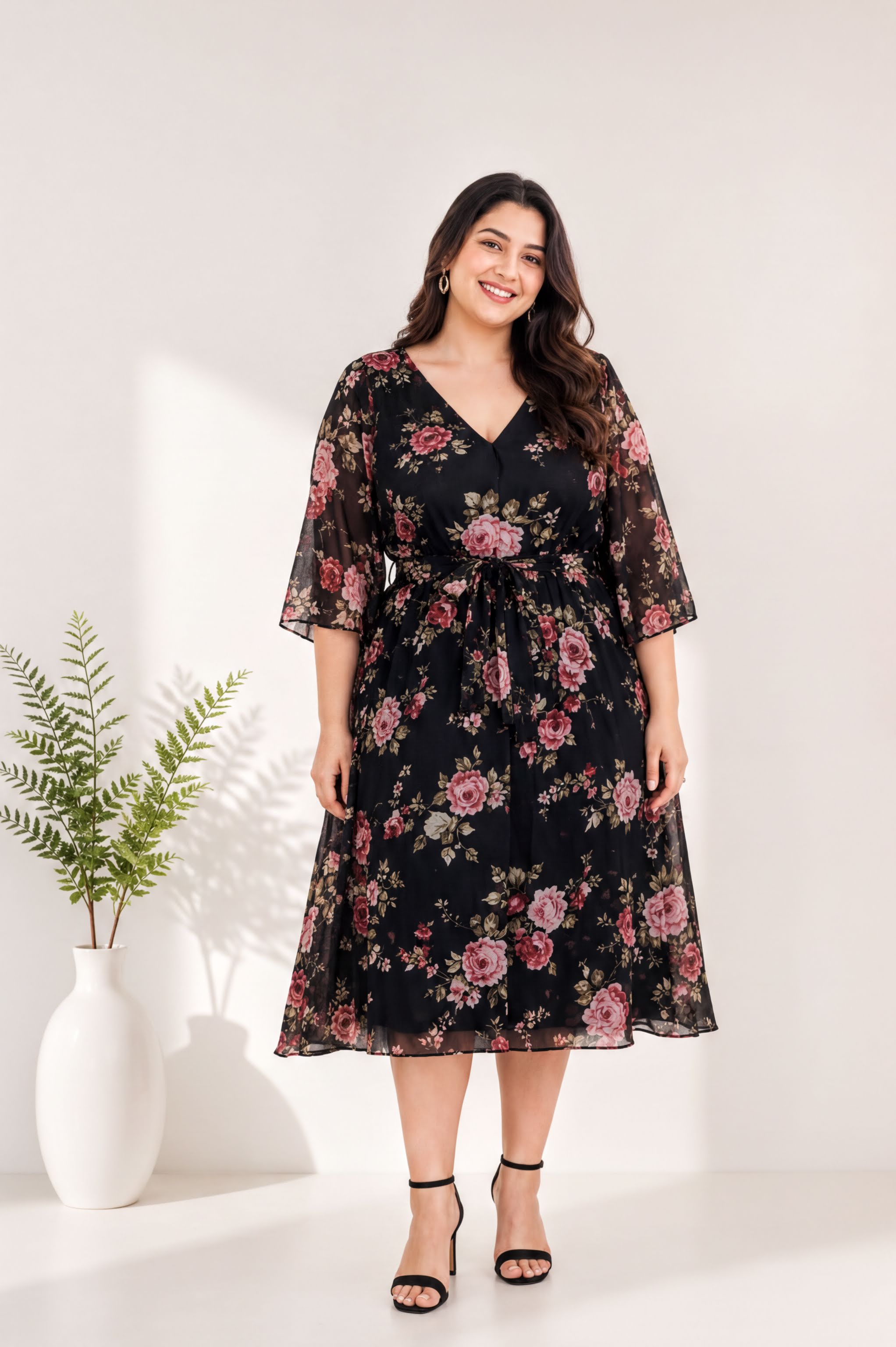A woman wearing a black floral dress with a v neck and flared sleeves stands in front of a white wall, smiling at the camera.
