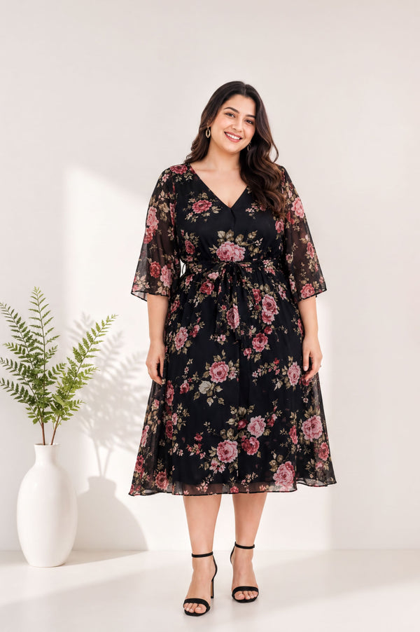 A woman wearing a black floral dress with a v neck and flared sleeves stands in front of a white wall, smiling at the camera.