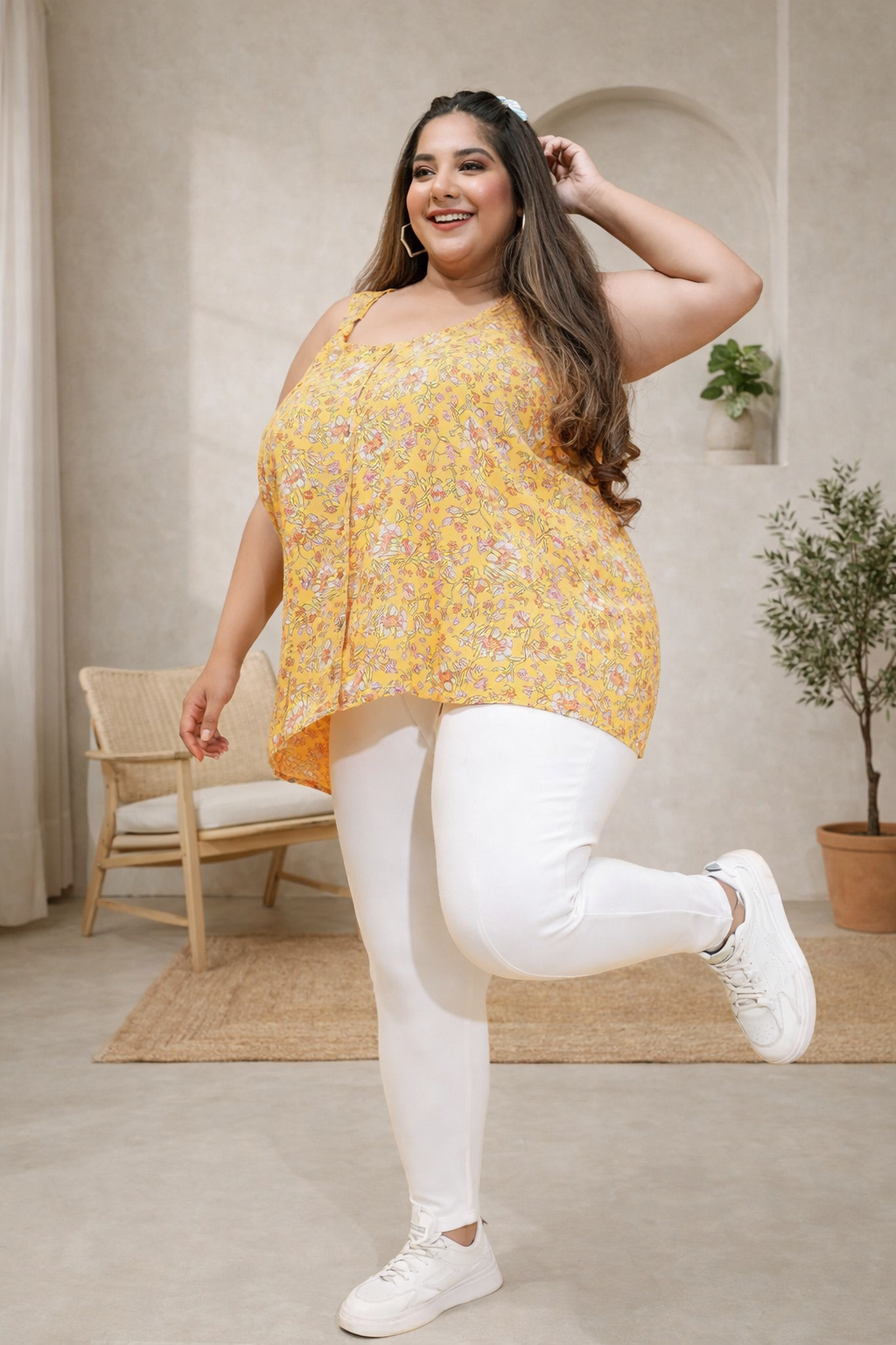 Plus Size Yellow Floral Print Viscose Top