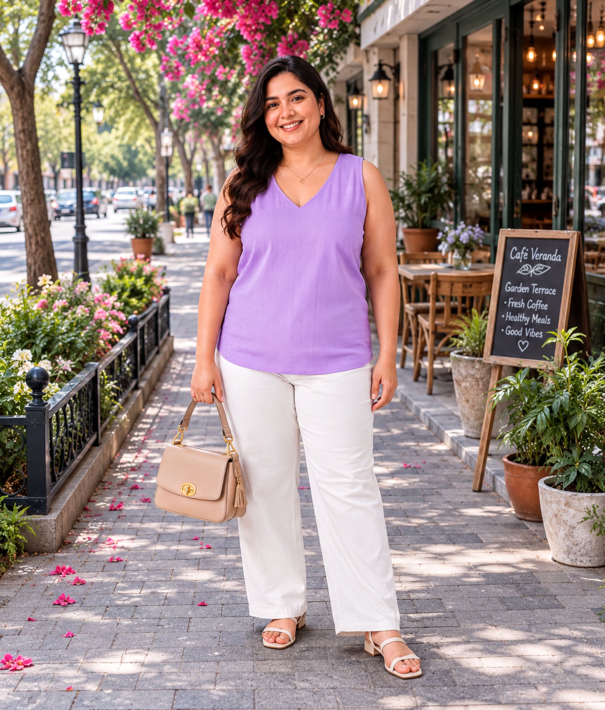 A woman in a purple sleeveless top and white pants stands on a sidewalk, holding a beige handbag and smiling at the camera.