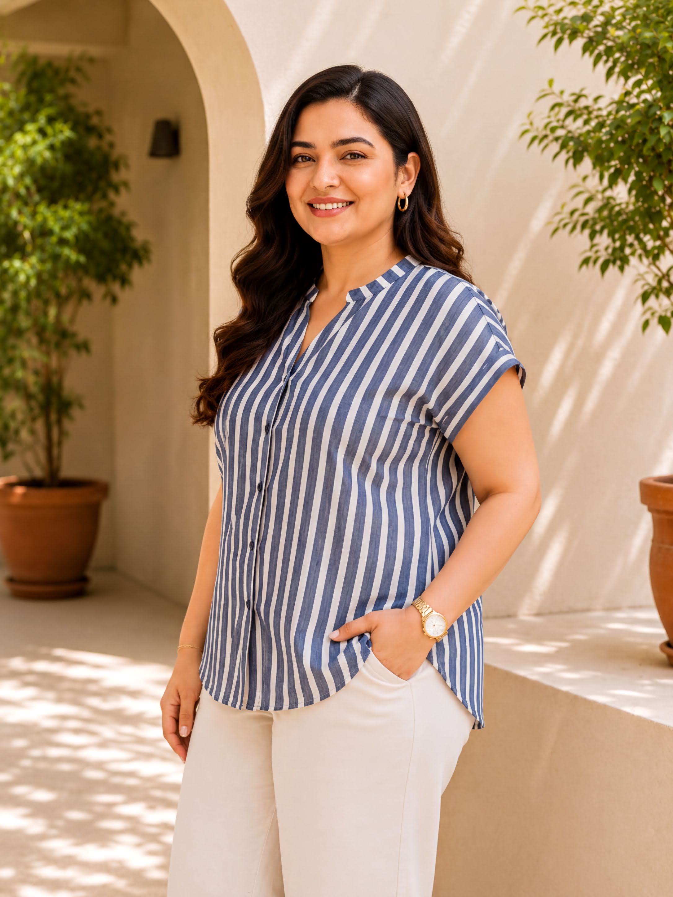 A woman with long dark hair is standing in front of a building, smiling and wearing a striped shirt and white pants.