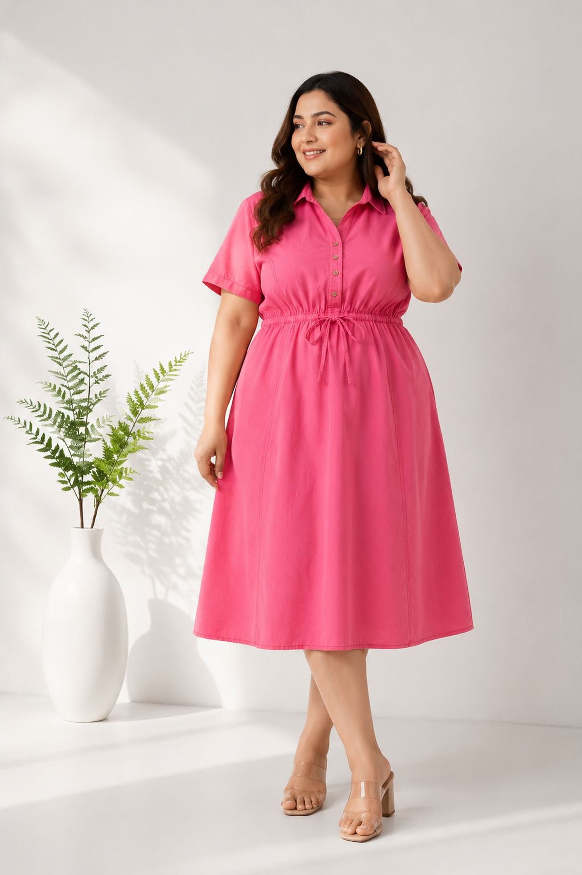 A woman in a bright pink dress stands in a room with a white wall and a green plant.