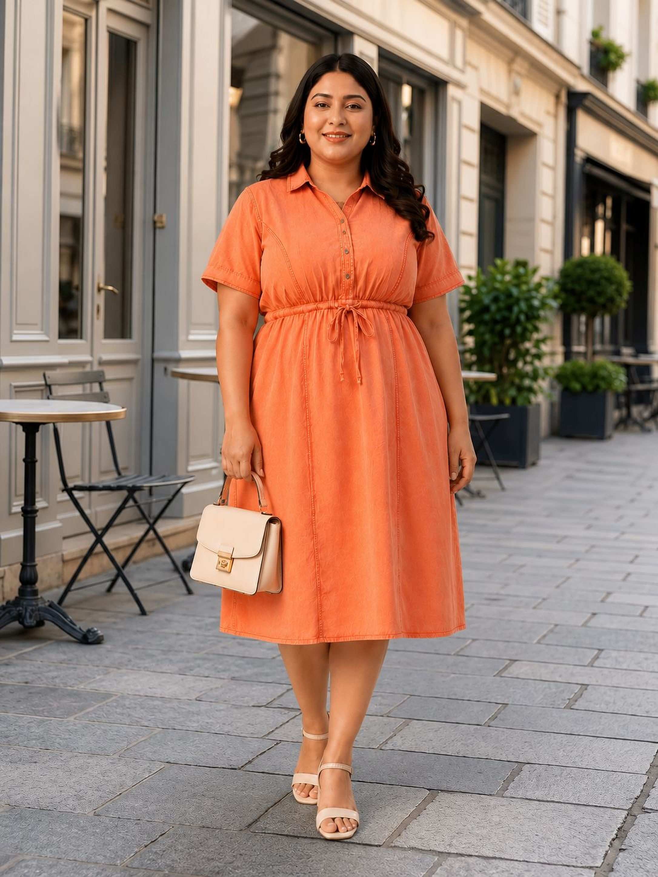 A woman wearing an orange dress and holding a small white purse is standing on a sidewalk in front of a building.