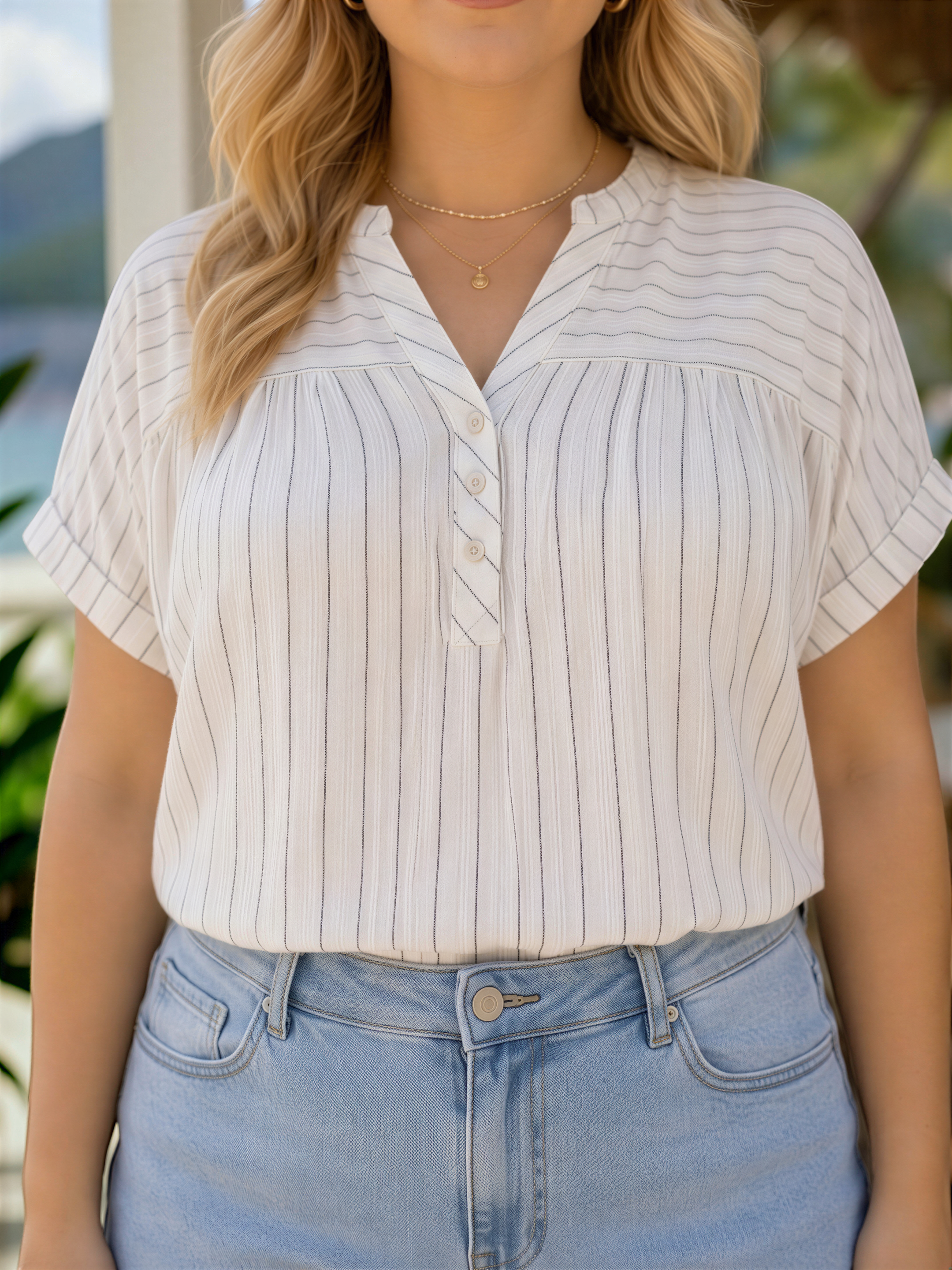 A woman wearing a white and black striped blouse and light blue jeans, standing outdoors.