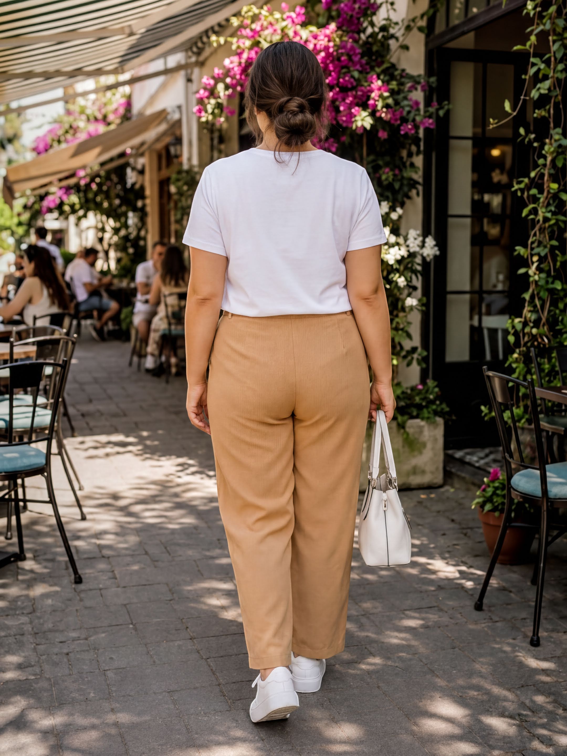 A woman wearing a white t-shirt and beige pants is walking down a sidewalk, carrying a white purse.