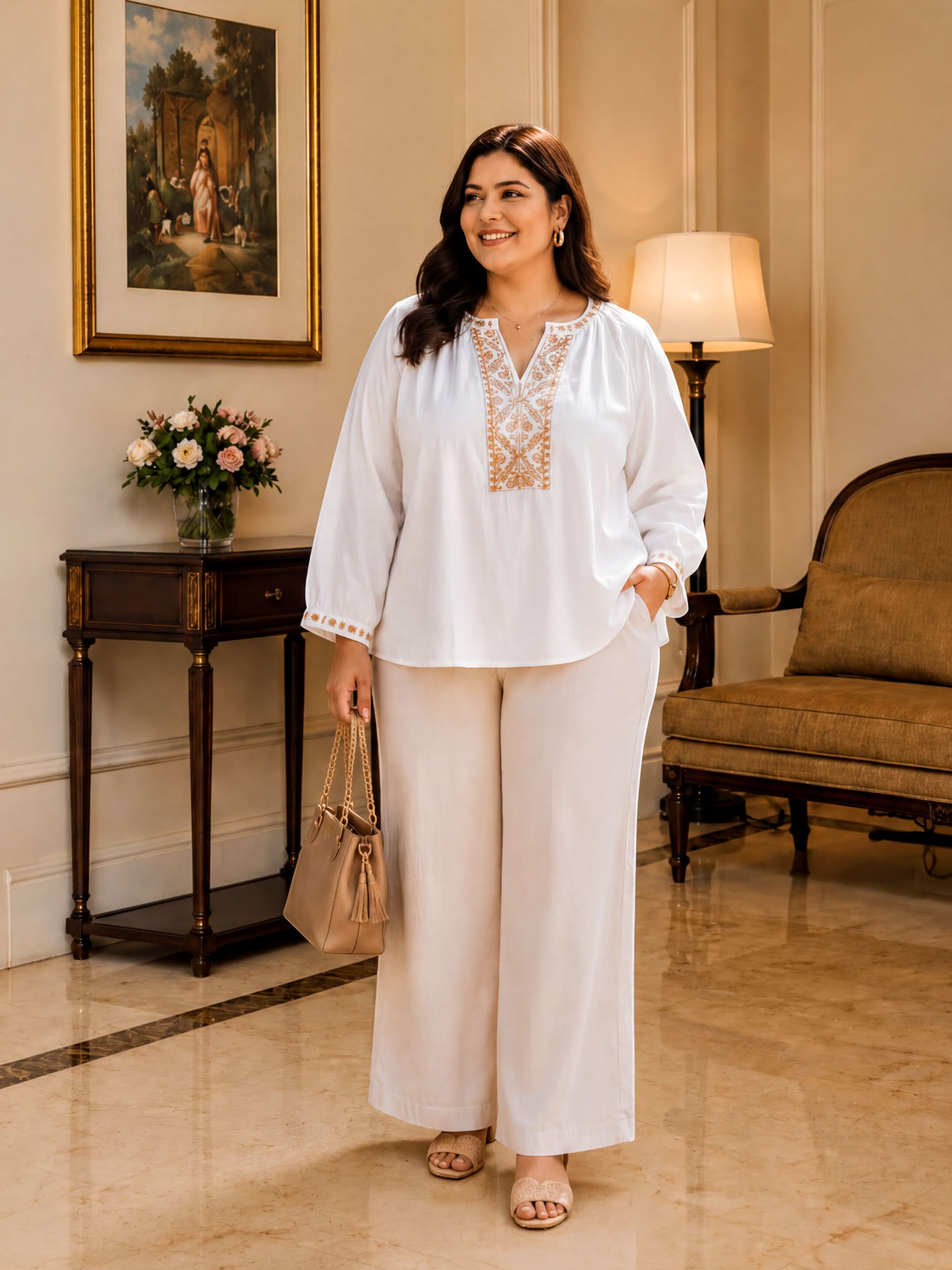 A woman in a white blouse and wide-leg pants stands in a room with a painting on the wall, a vase of flowers, and a lamp.