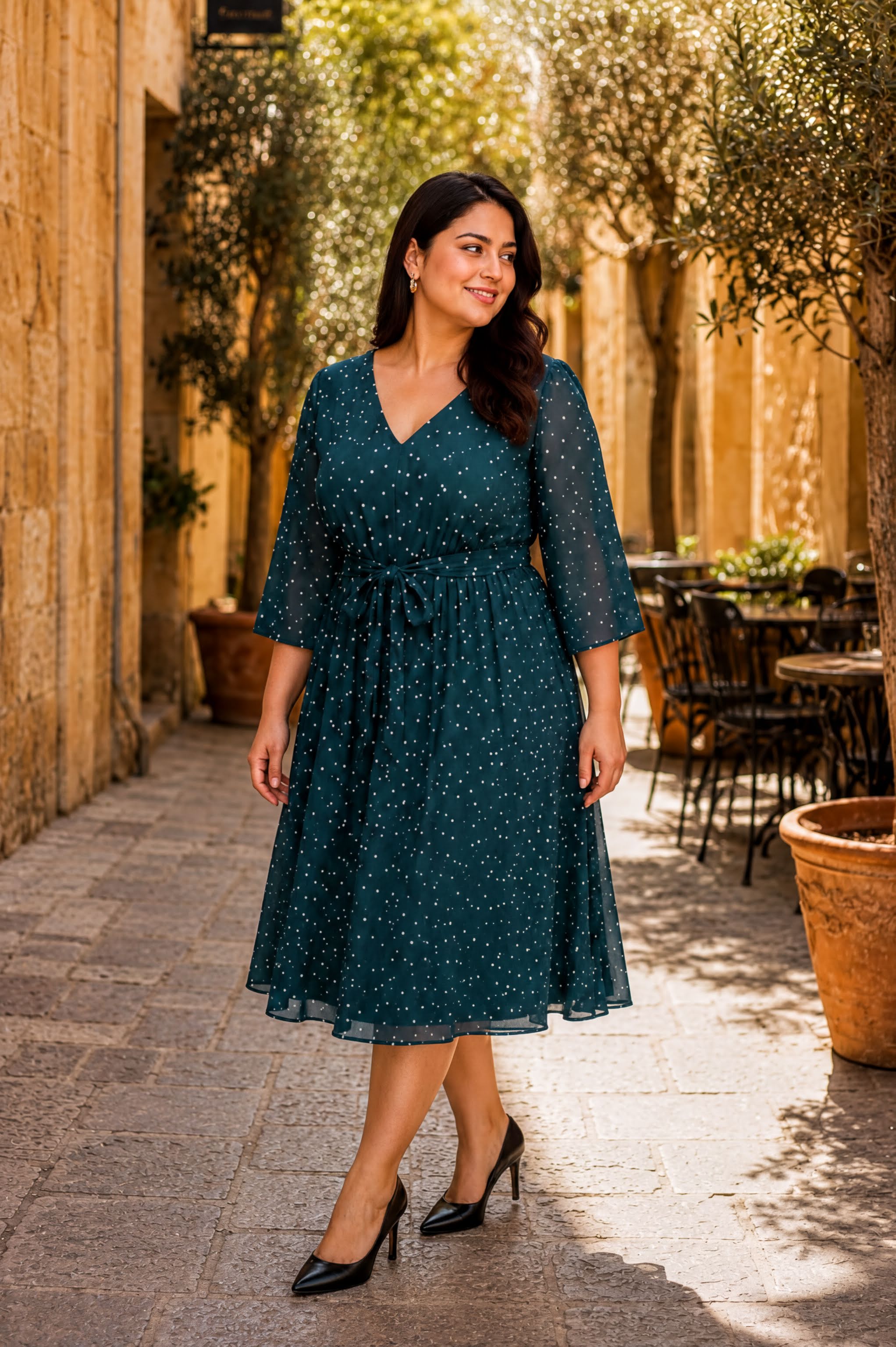 A woman wearing a green dress with white polka dots is walking down a stone-paved street lined with trees and outdoor seating.