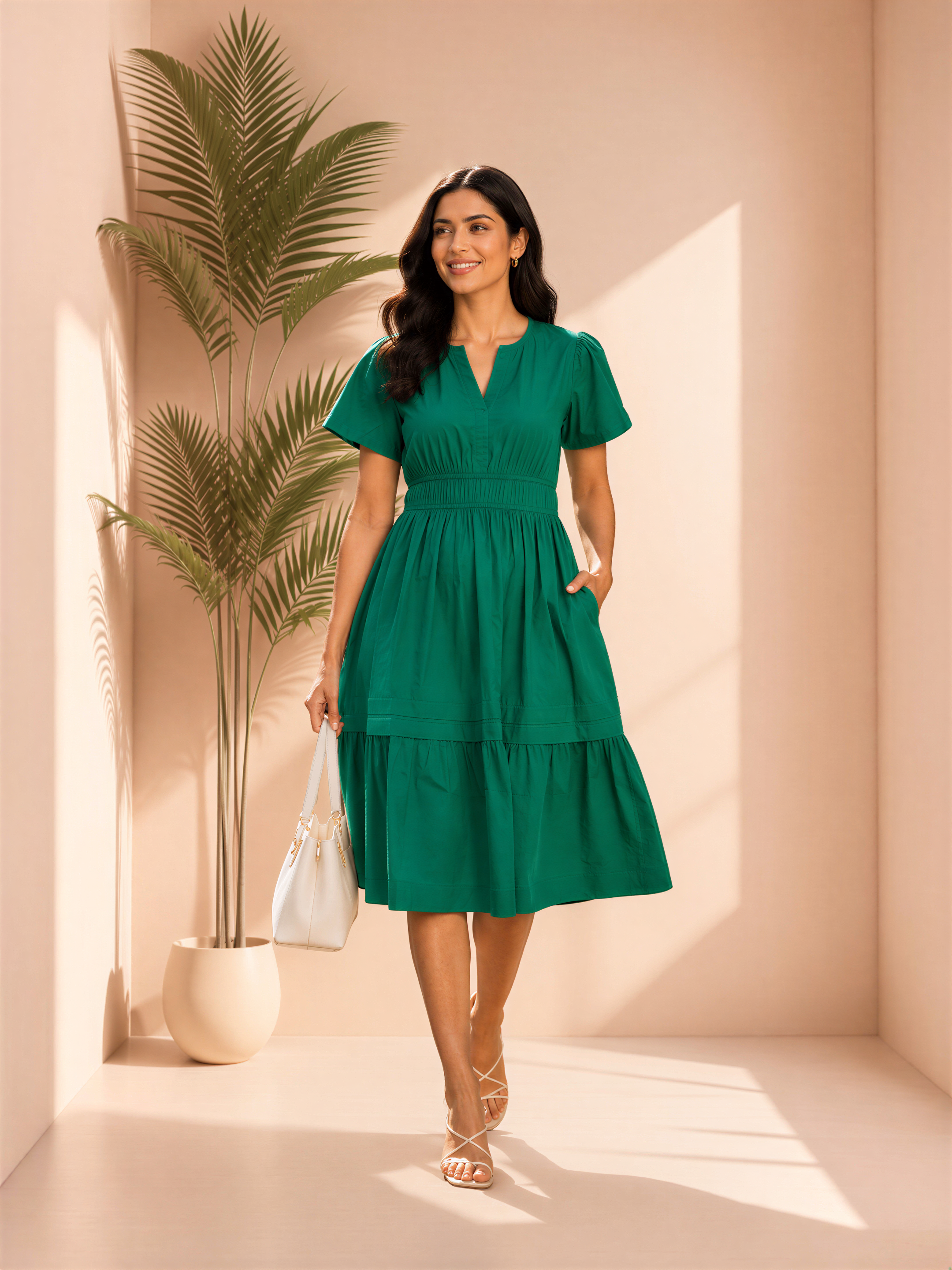 A woman in a green dress is walking in a room with a potted plant and a white purse.
