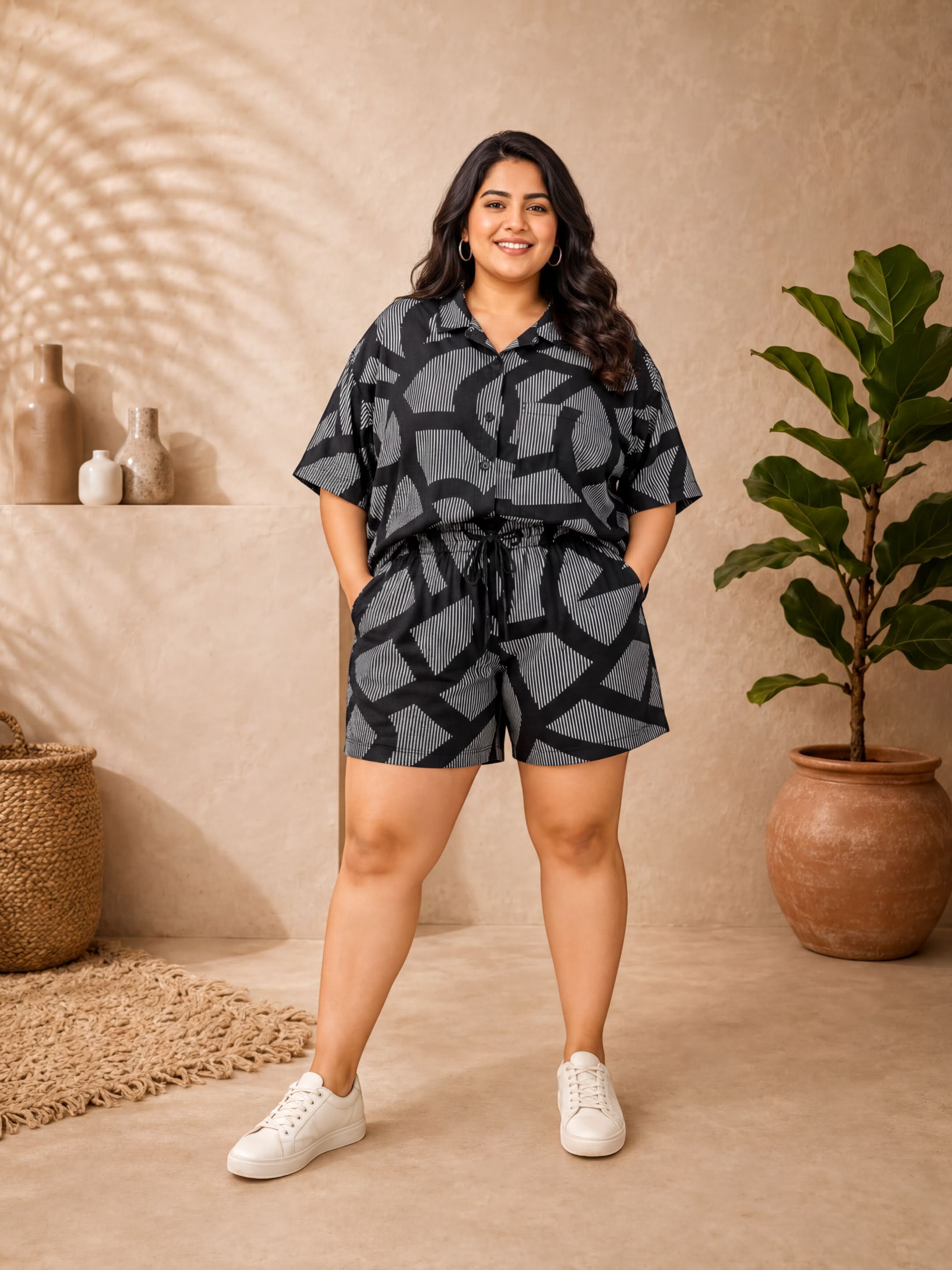 A woman wearing a black and white patterned outfit stands in a room with a beige wall, a potted plant, and a woven basket.
