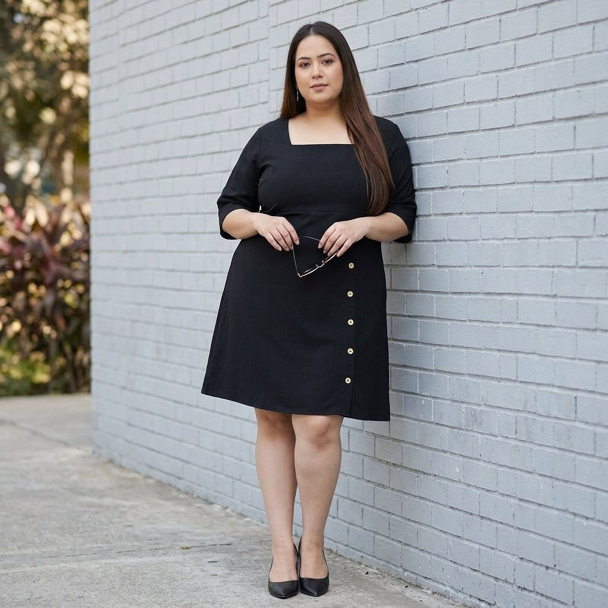 Plus size woman in black square neck dress with button details, standing by gray brick wall