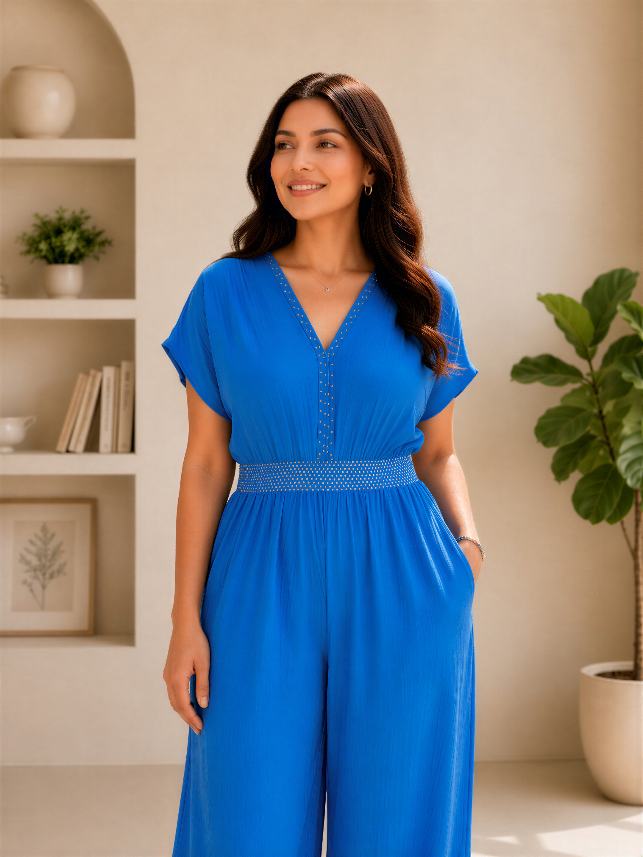 A woman in a blue jumpsuit stands in a room with a bookshelf and a potted plant in the background.