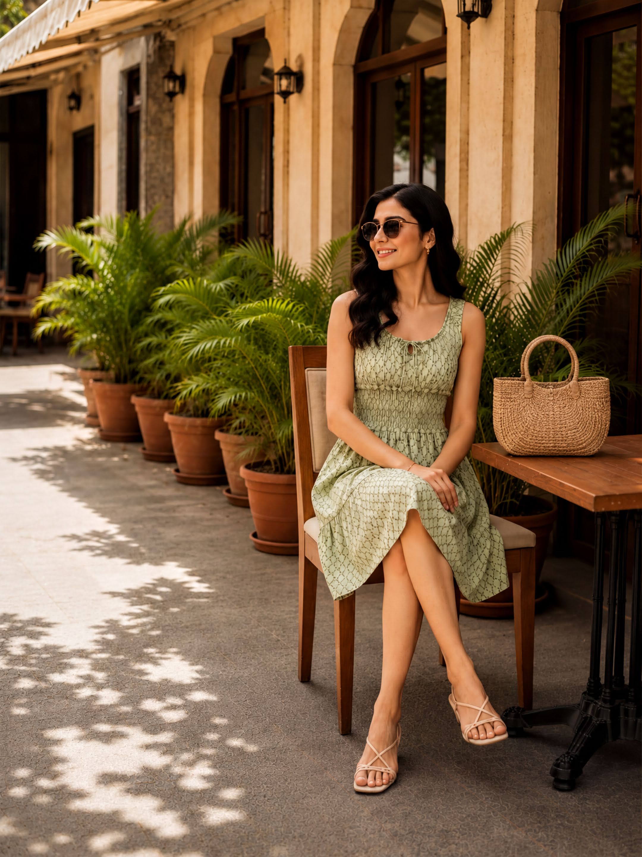 A woman in a green dress is sitting on a chair outside a building, with potted plants and a woven bag nearby.