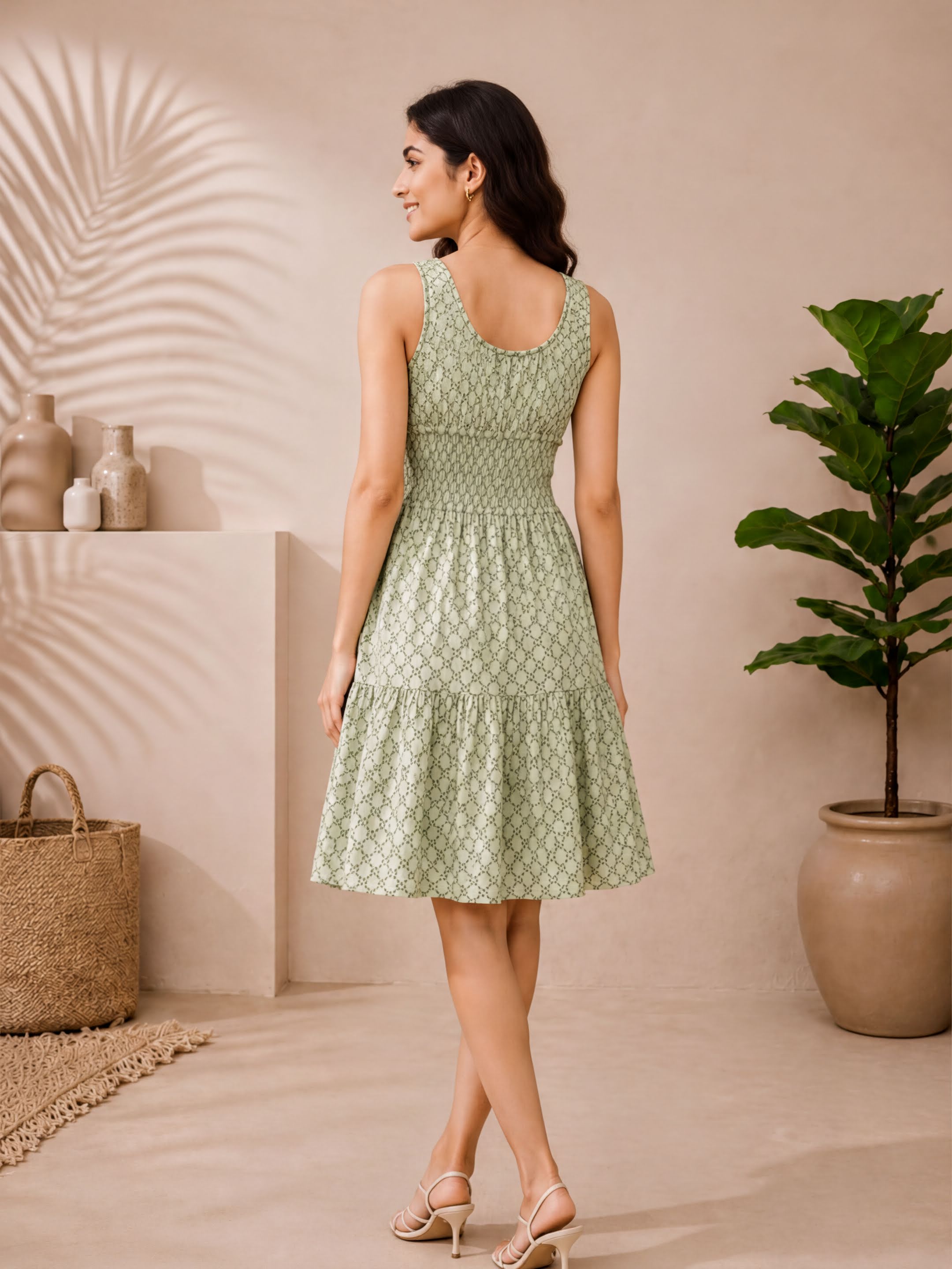 A woman wearing a green dress with a ruffled skirt stands in a room with a palm tree and a woven basket.