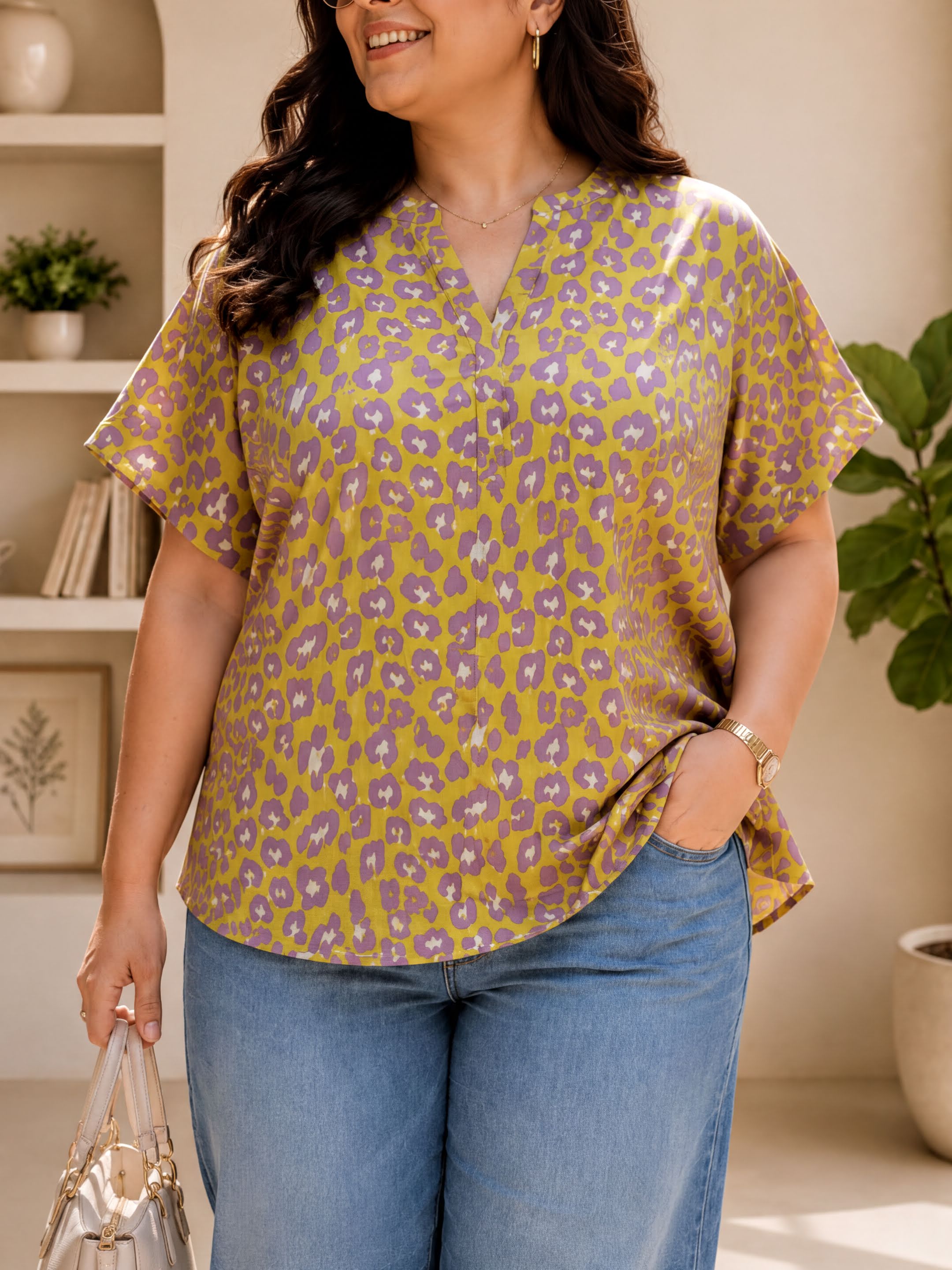 A woman wearing a yellow and purple leopard print blouse and blue jeans, smiling and holding a purse, standing in a room with a plant and bookshelf in the background.