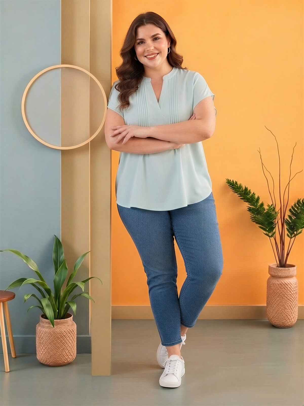 A woman stands with her arms crossed in front of a wall with a circular mirror and two potted plants.