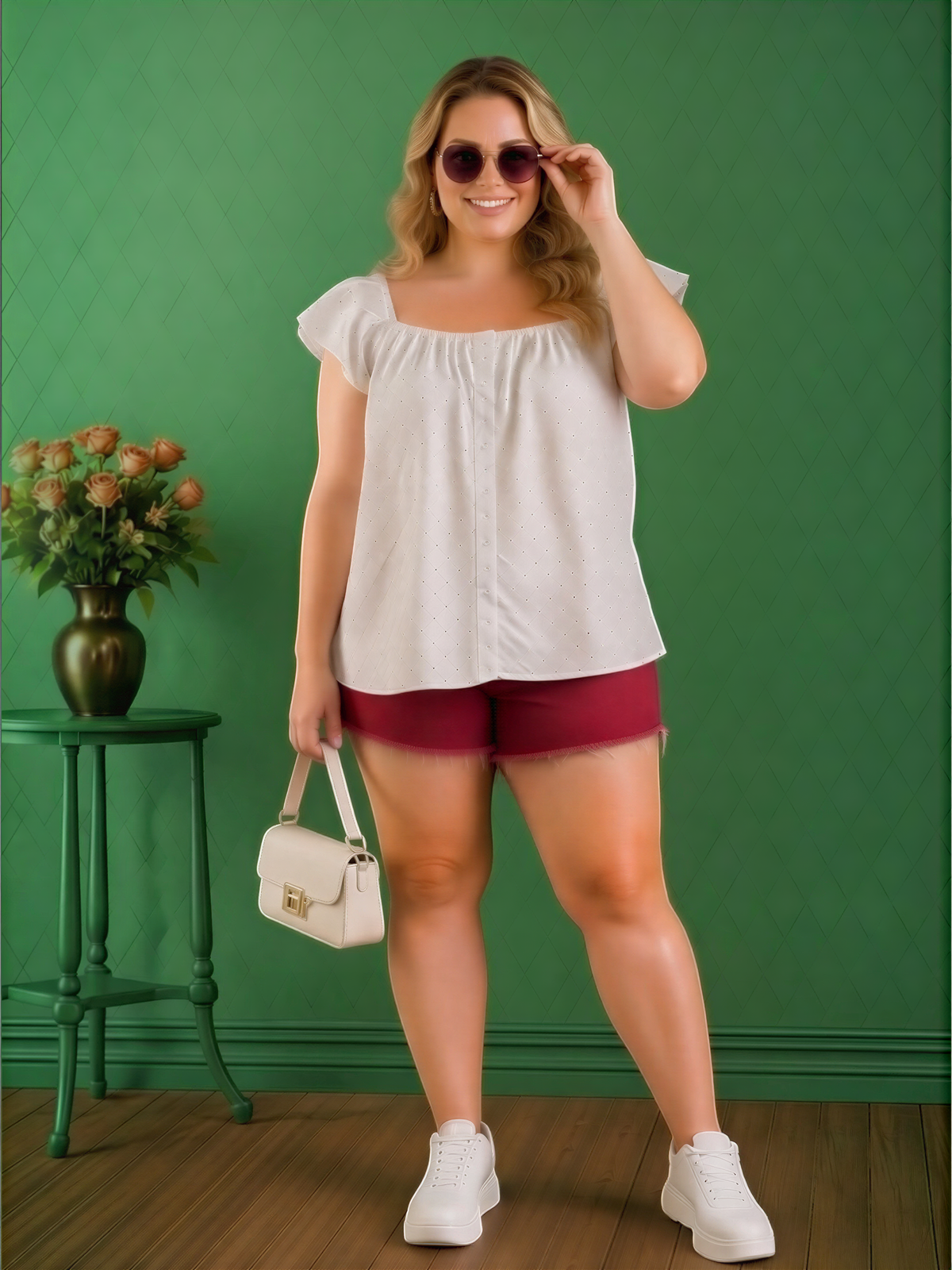 A woman wearing a white top, red shorts, and sunglasses stands in front of a green wall, holding a white handbag and smiling.