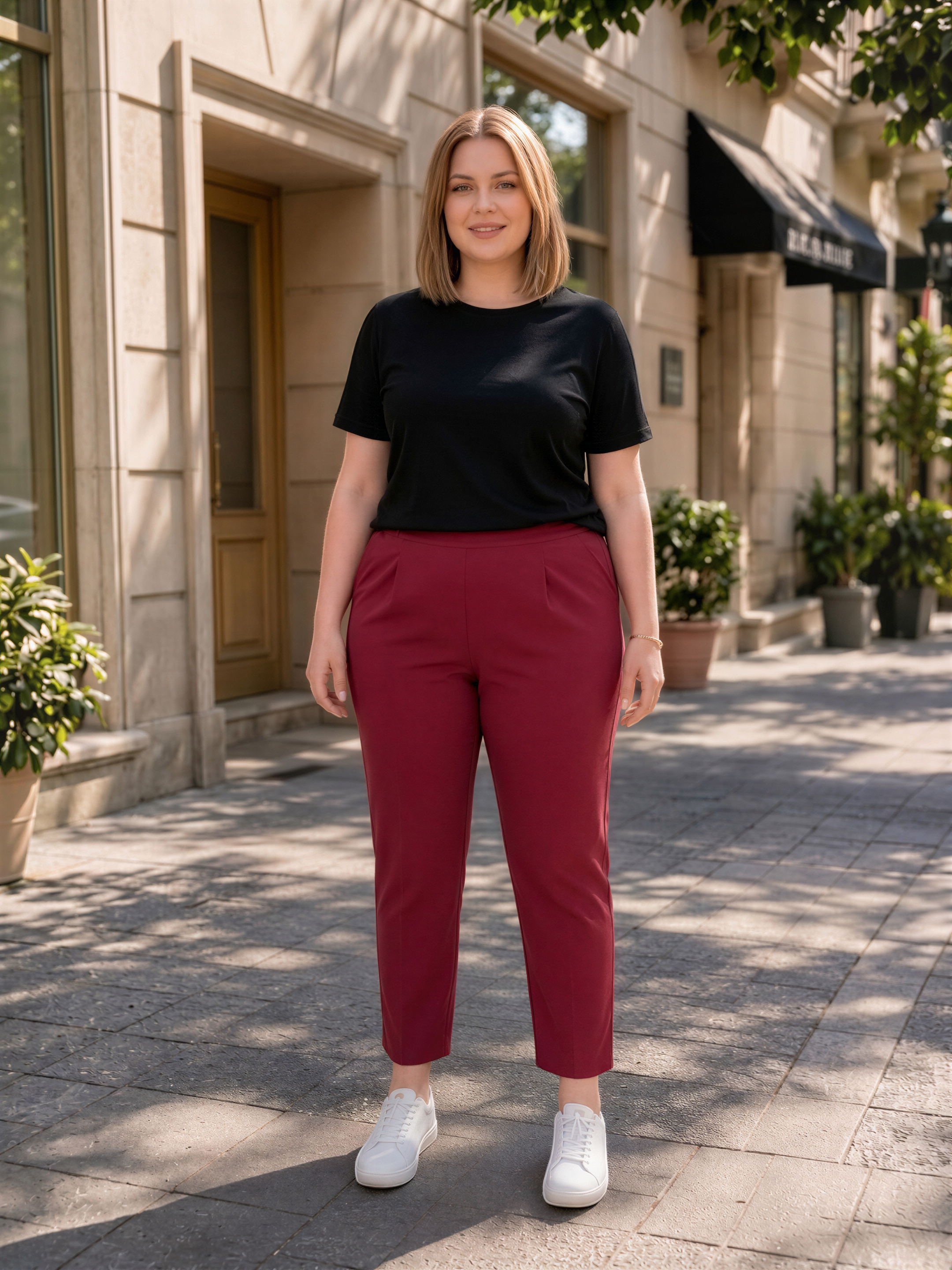 A woman wearing a black top and red pants stands on a sidewalk in front of a building.